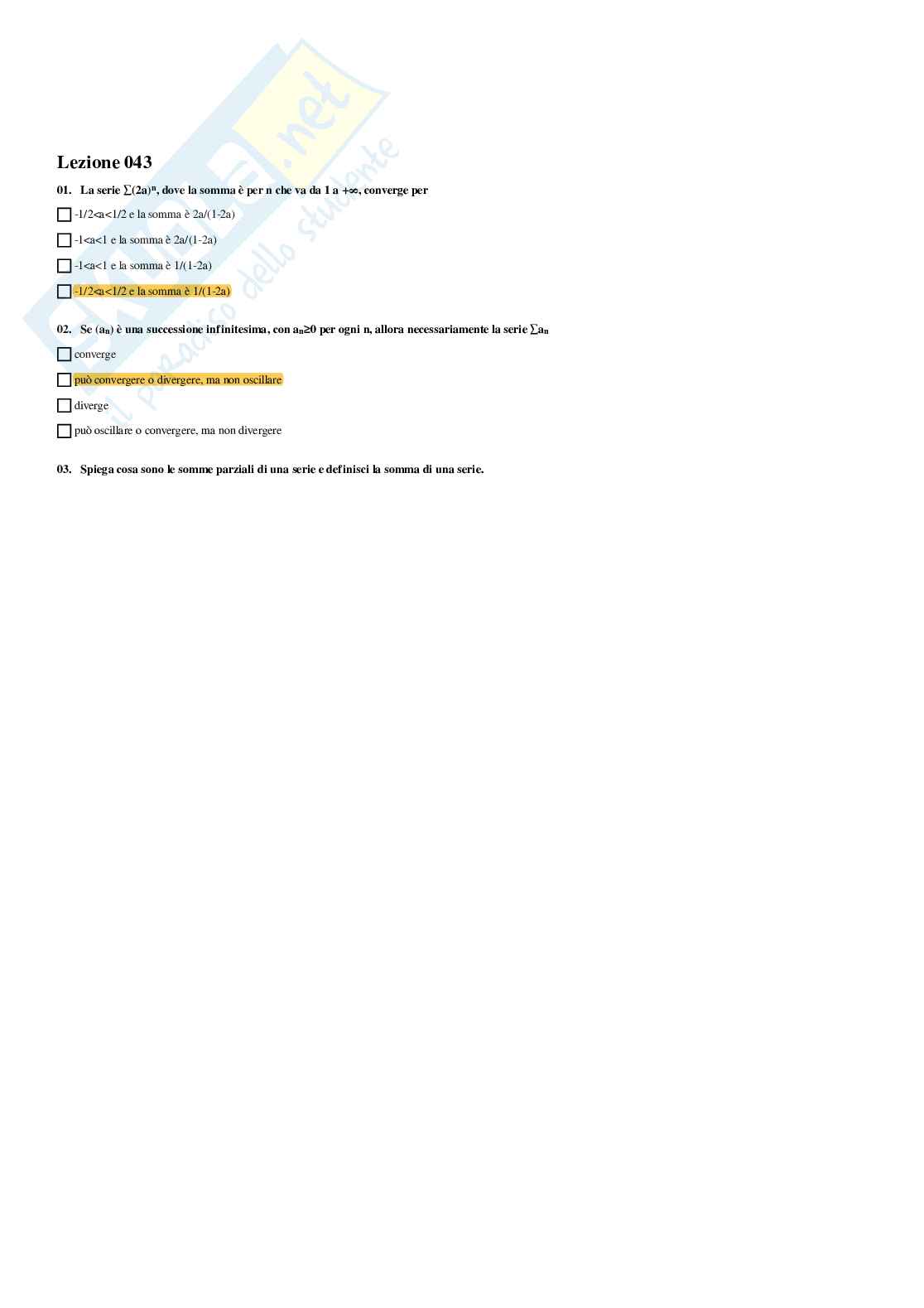 Analisi matematica – Preparazione esame – Paniere completo risposte chiuse (301) – A.A. 2025/2026 Pag. 46