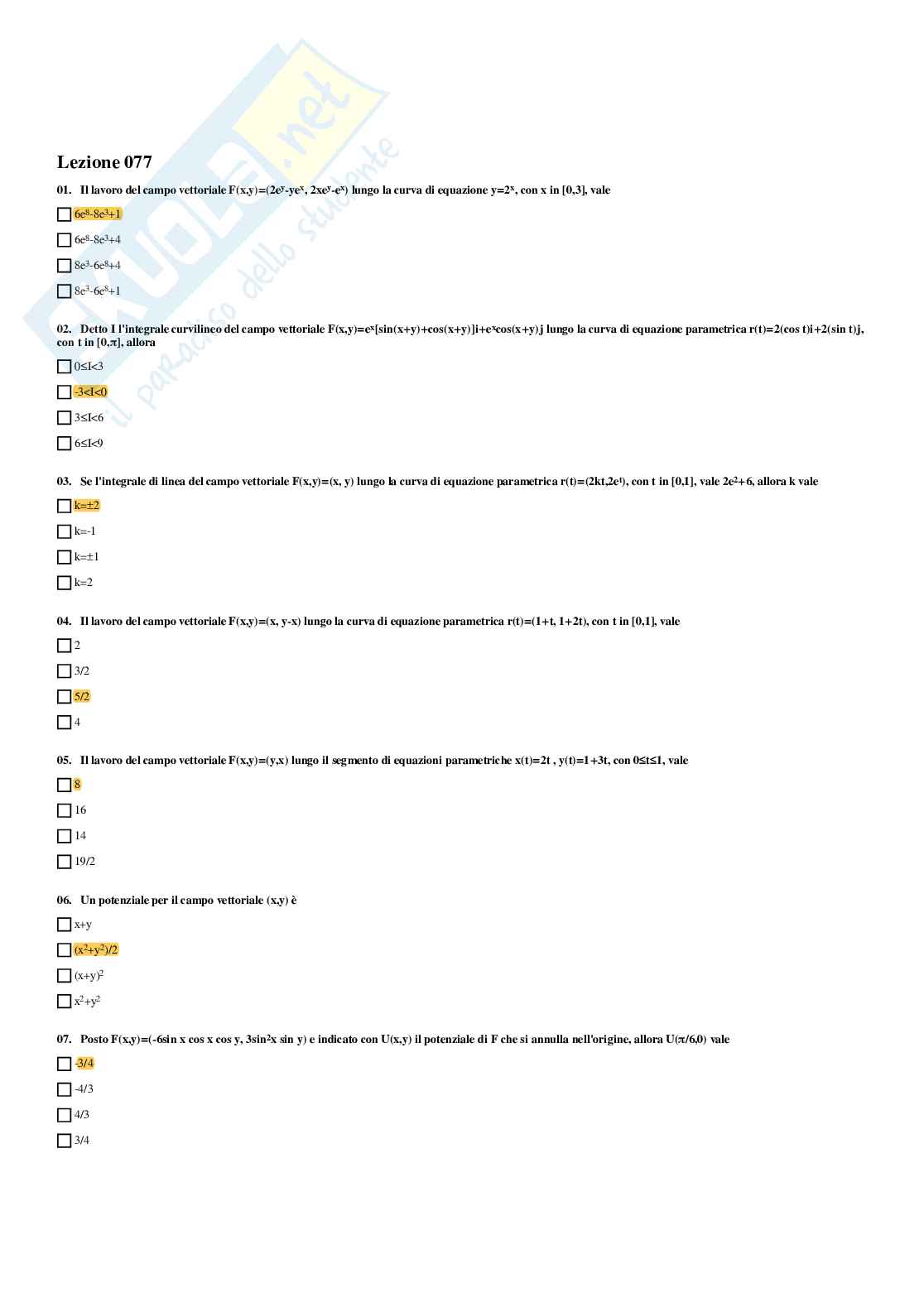 Analisi matematica – Preparazione esame – Paniere completo risposte chiuse (301) – A.A. 2025/2026 Pag. 71