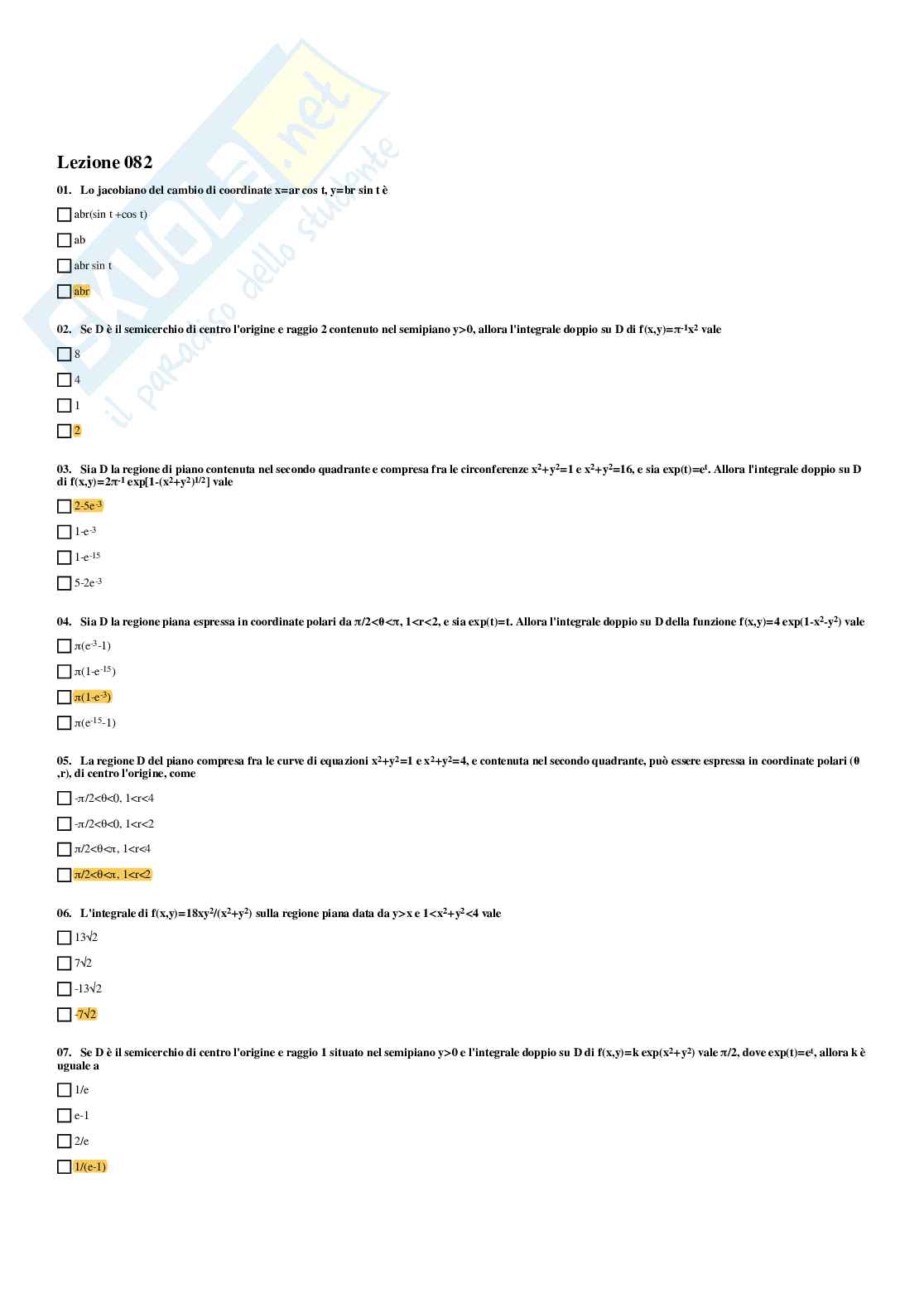 Analisi matematica – Preparazione esame – Paniere completo risposte chiuse (301) – A.A. 2025/2026 Pag. 76