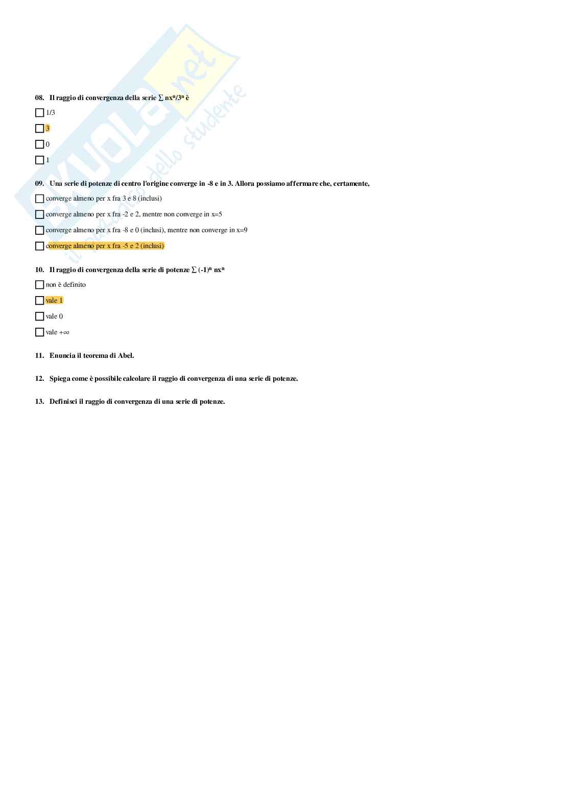 Analisi matematica – Preparazione esame – Paniere completo risposte chiuse (301) – A.A. 2025/2026 Pag. 86