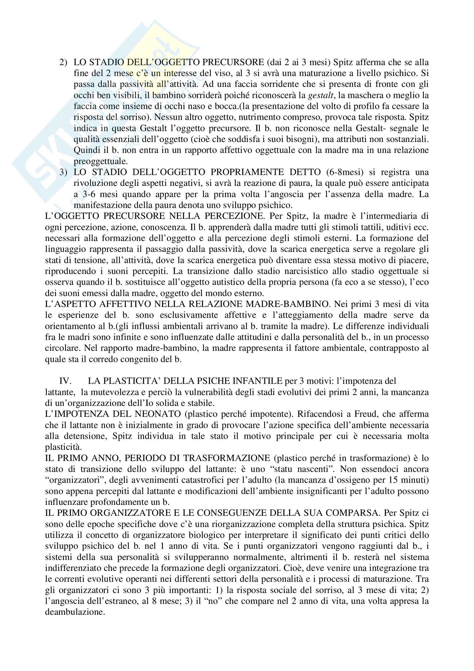 Riassunto esame Pedagogia speciale per l'infanzia, prof. Biagioli, libro consigliato Il primo anno di vita del bambino, Spitz Pag. 2