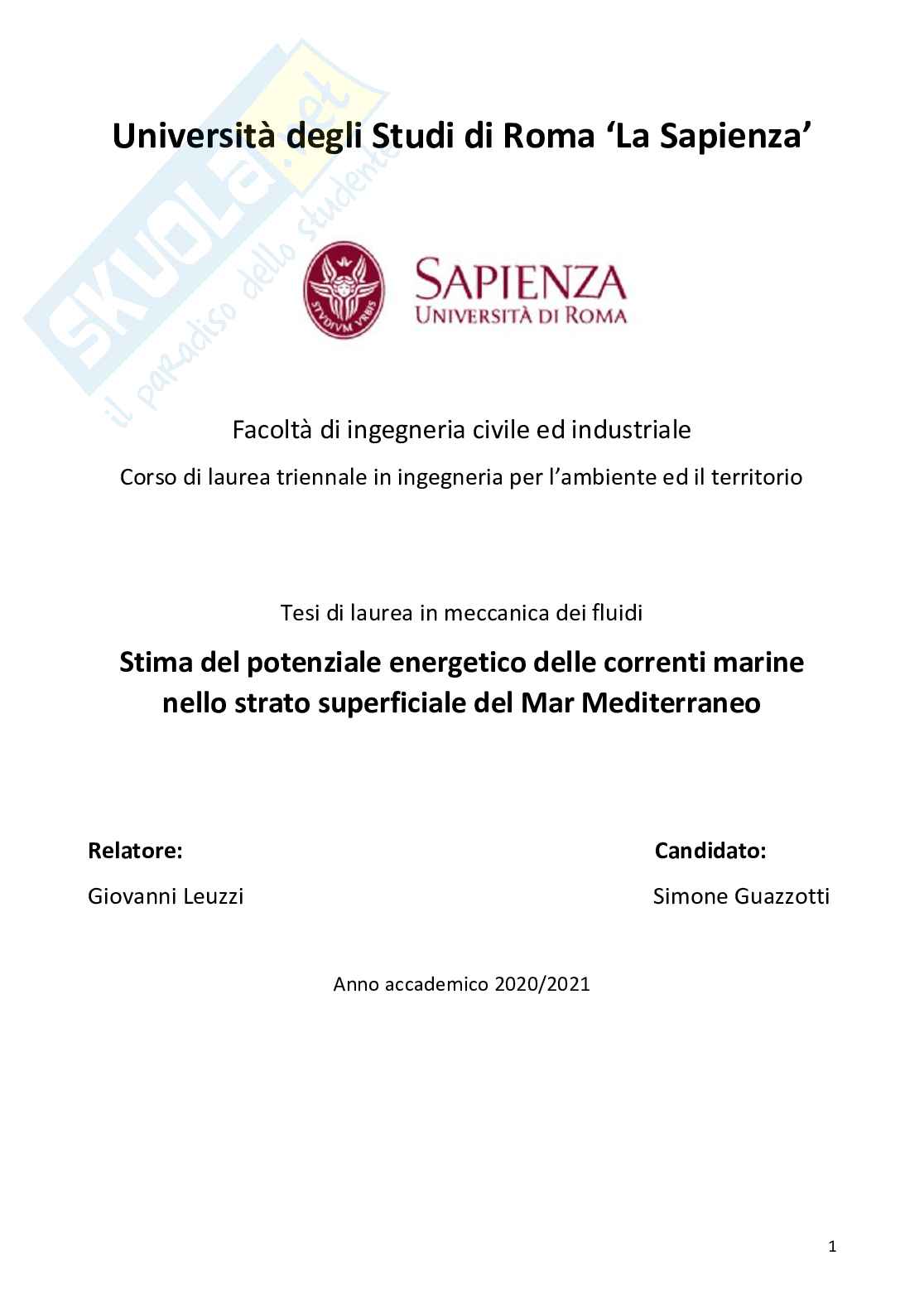Tesi - Stima del potenziale energetico delle correnti marine nello strato superficiale del Mar Mediterraneo Pag. 1