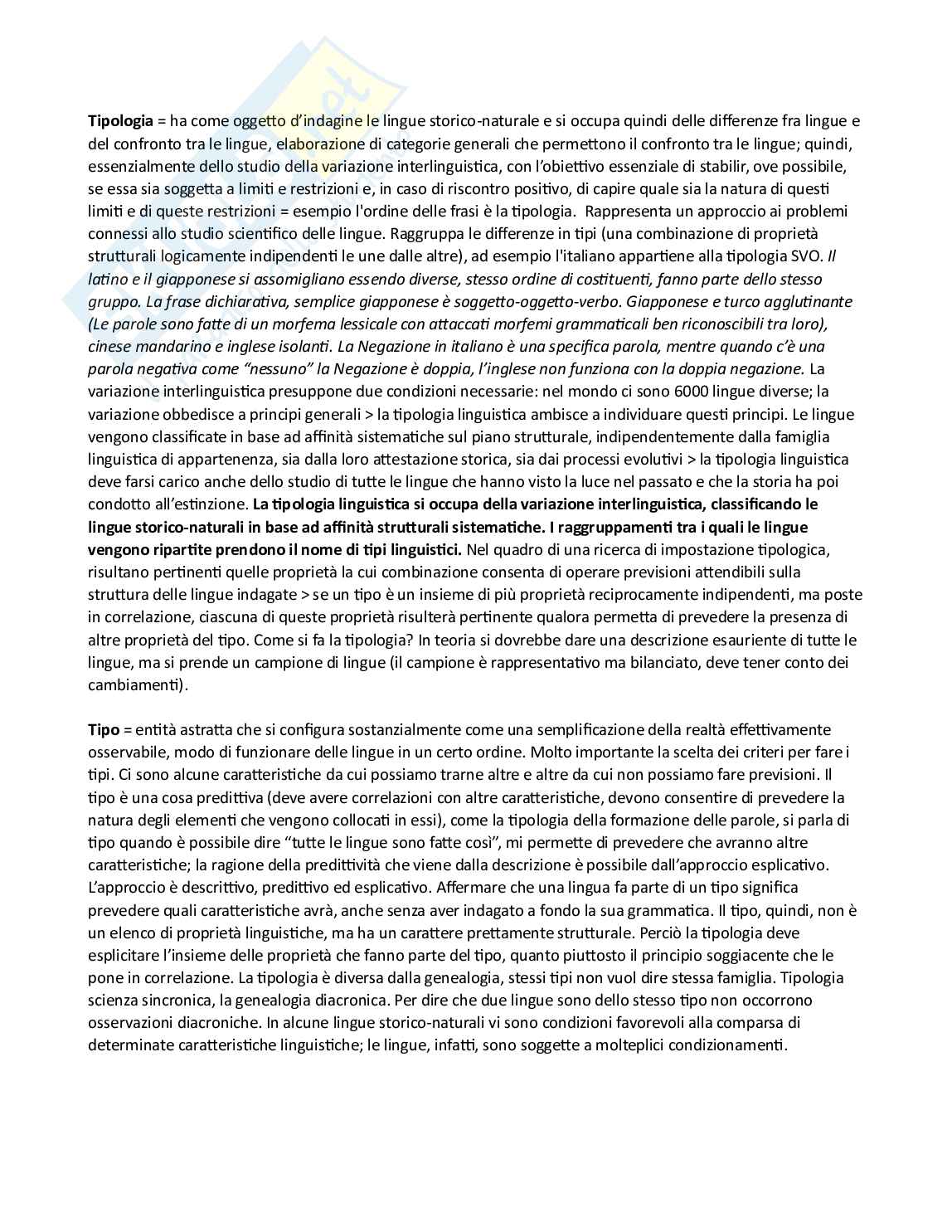 Riassunto esame Linguistica generale 3, Prof. Lombardi Vallauri Edoardo, libro consigliato Fondamenti di tipologia linguistica, Nicola Grandi Pag. 1