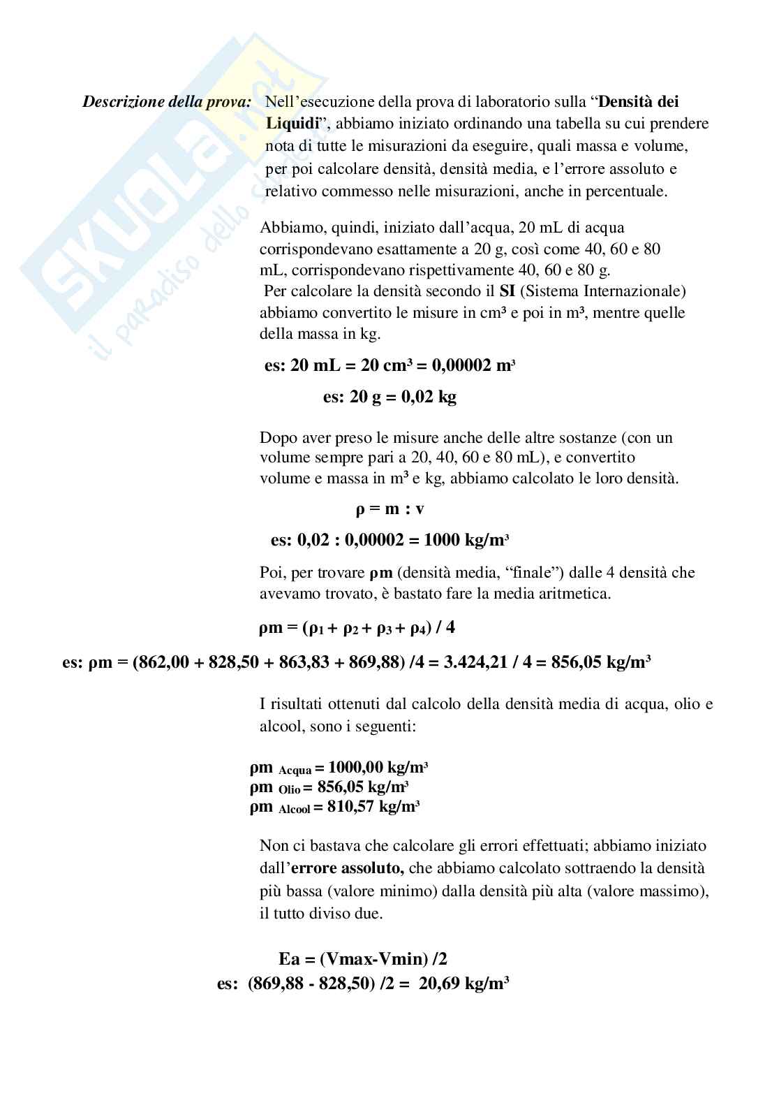 Densità dei liquidi - Relazione di laboratorio Pag. 2