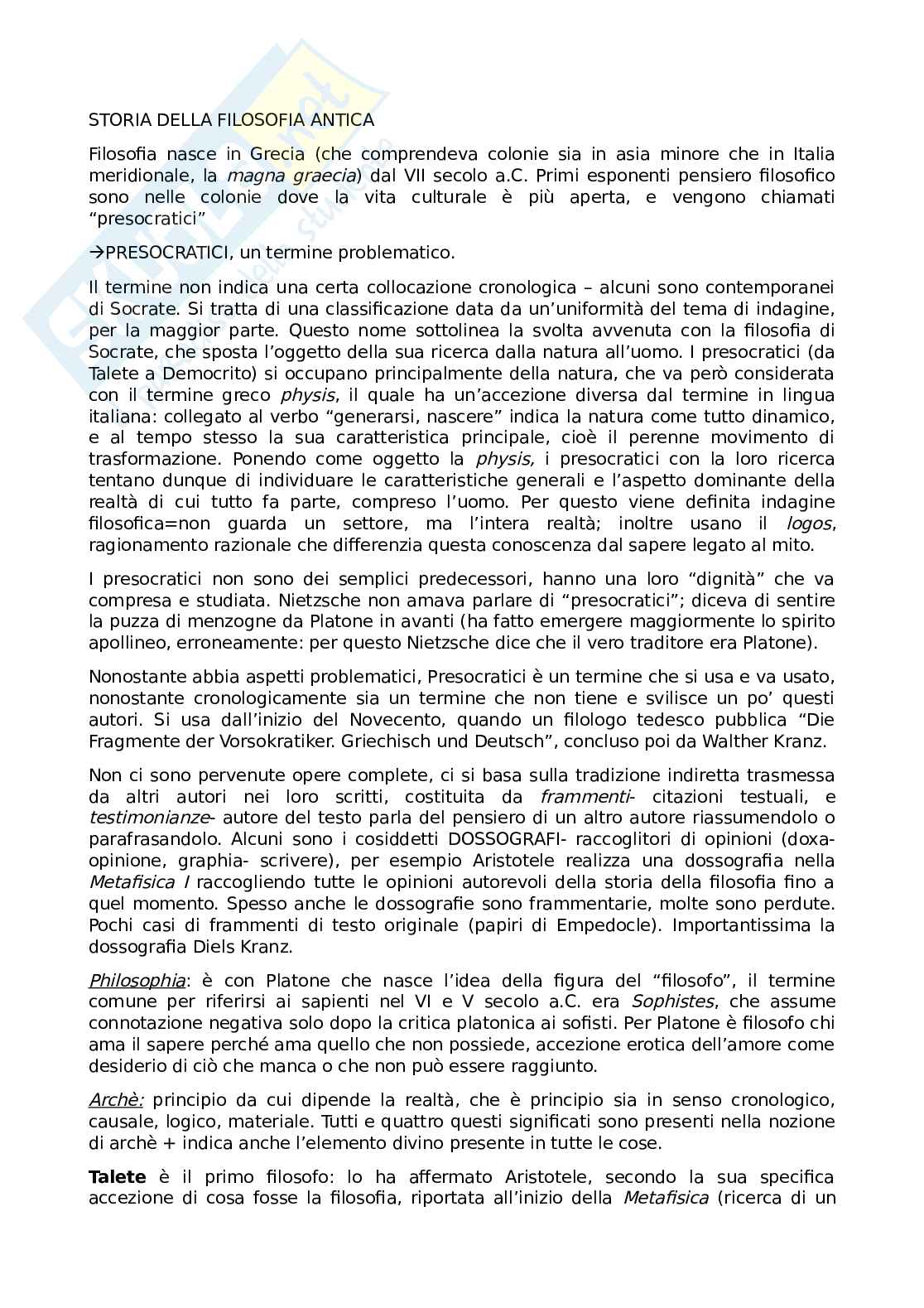 Riassunto esame Storia della filosofia antica, Prof. Forcignanò Filippo, libro consigliato La filosofia antica. Profilo critico-storico, Trabattoni Pag. 1