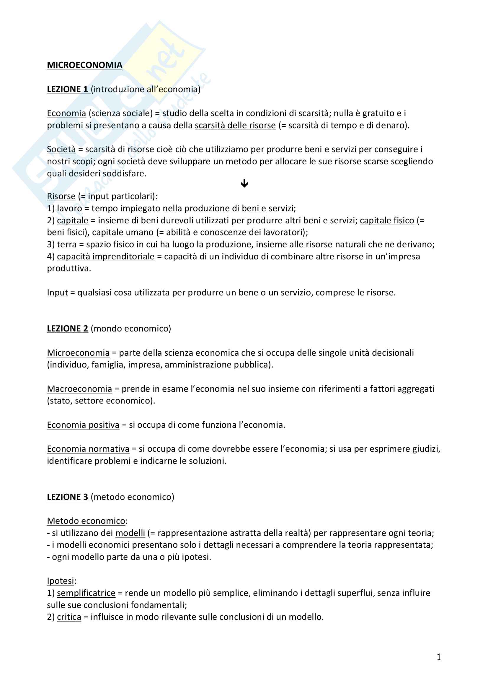Microeconomia, riassunto Pag. 1