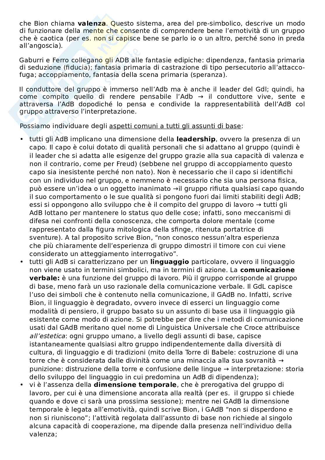 Schema esame Psicologia dinamica, prof. Margherita, libro consigliato Dinamiche di gruppo, Bion Pag. 6