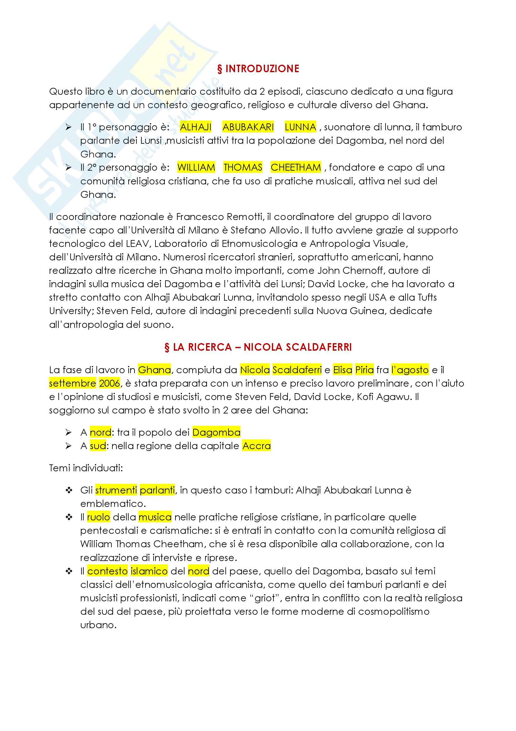 Riassunto esame etnomusicologia, prof. Scaldaferri, libro consigliato Due ritratti dal Ghana, Scaldaferri Pag. 1