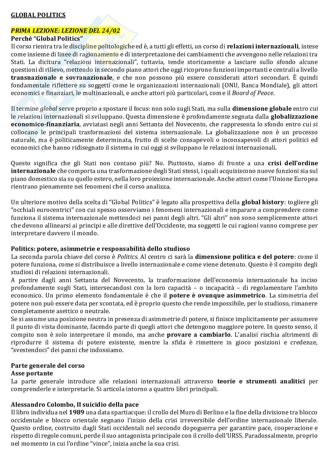 Riassunto esame Global politics, Prof. Giannone Diego, libro consigliato Il suicidio della pace , Colombo Pag. 1