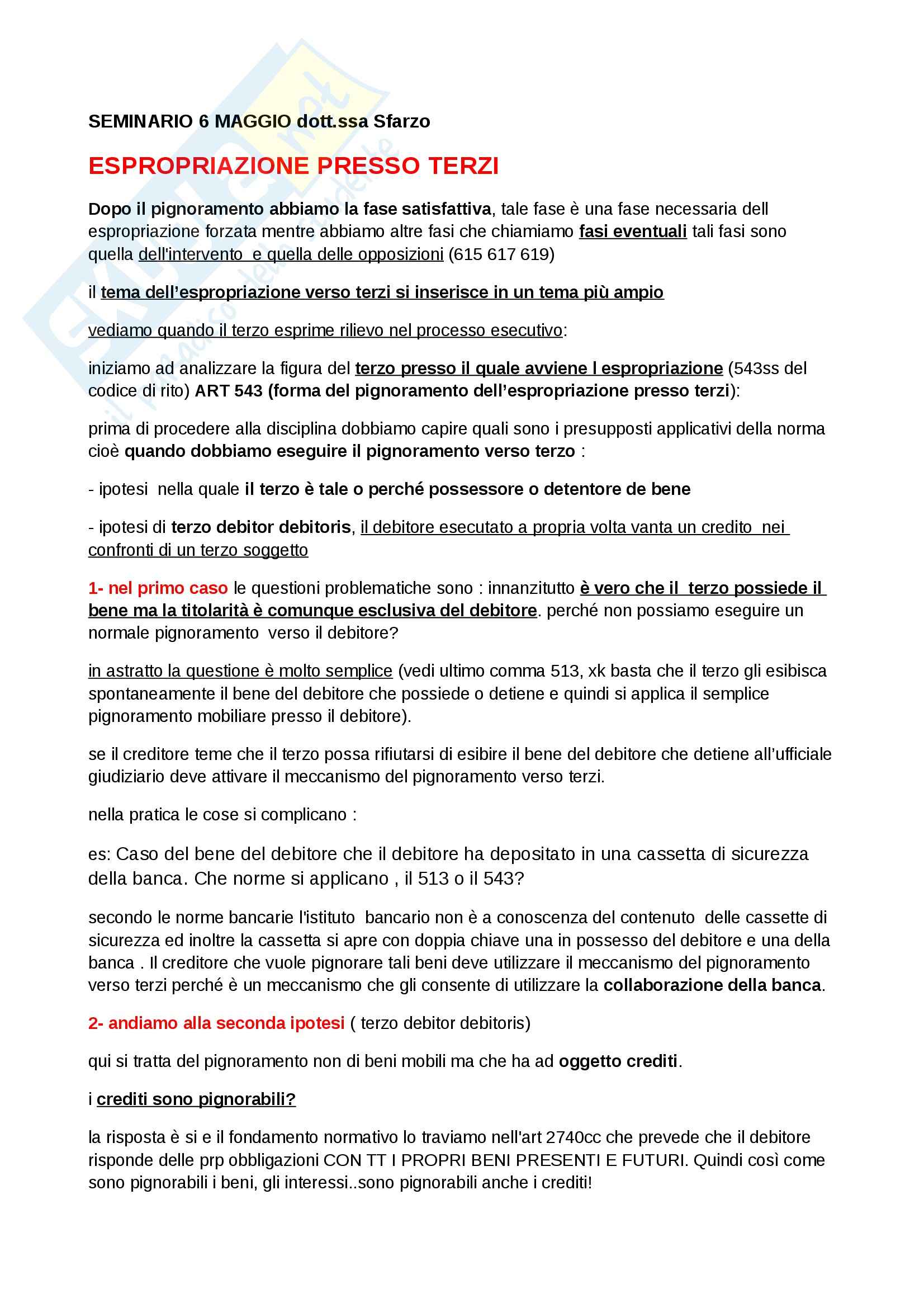 Diritto processuale civile - espropriazione mobiliare presso terzi (art 543 ss) Pag. 1