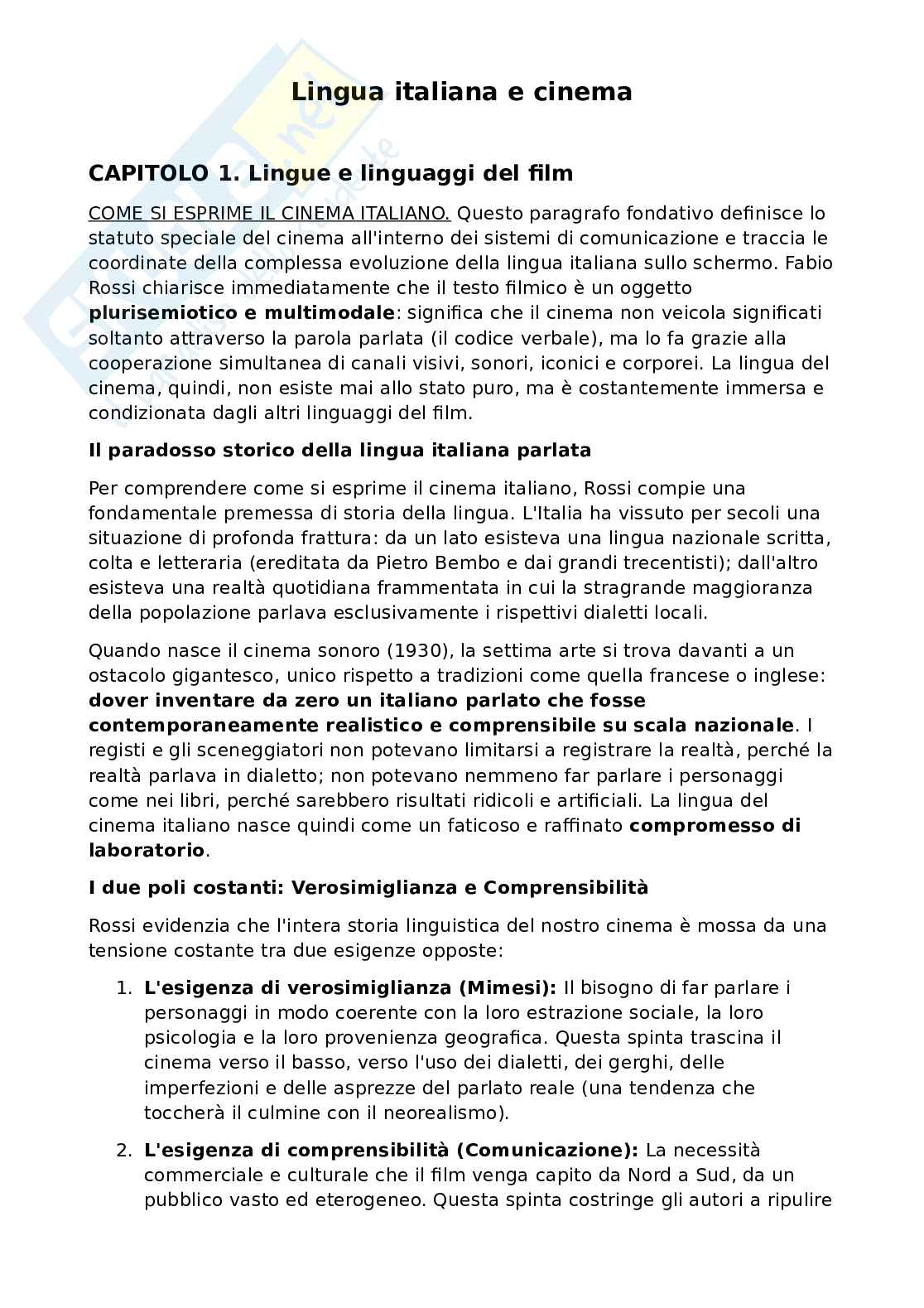 Riassunto esame Teoria del cinema, Prof. Rossi Fabio, libro consigliato Lingua italiana e cinema, Rossi Pag. 1