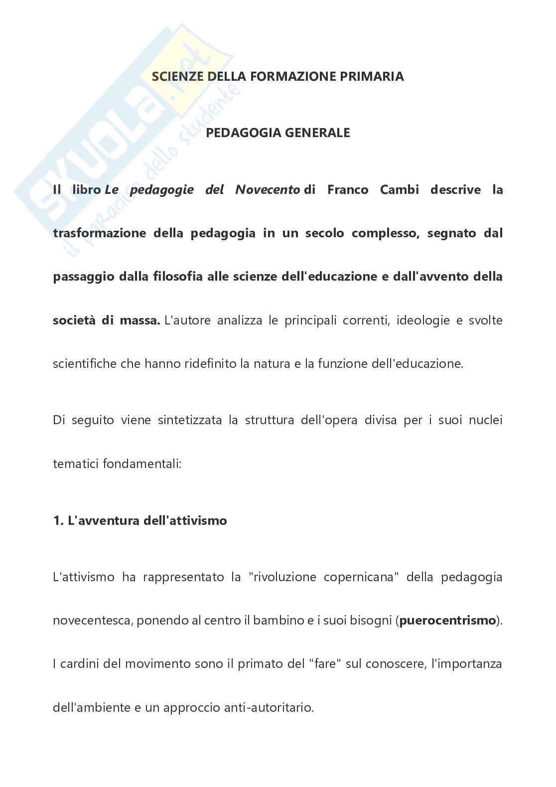 Riassunto esame Storia della pedagogia, Prof. Fiorucci Massimiliano, libro consigliato Pedagogie del Novecento , Cambi Pag. 1