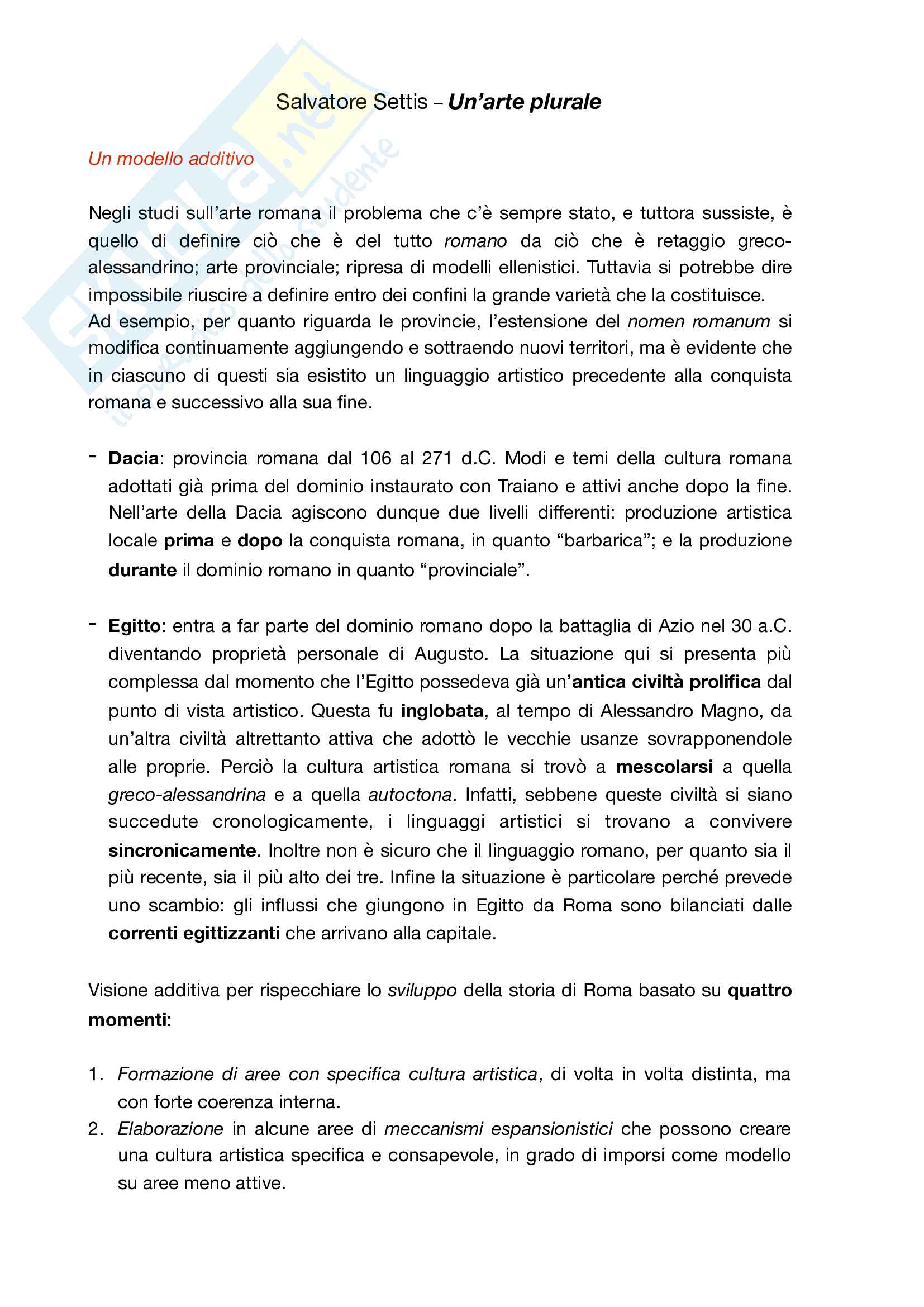 Riassunto esame archeologia romana, Prof. Coralini, libro consigliato Un’arte al plurale. L’impero romano, i Greci, i posteri, Settis Pag. 1
