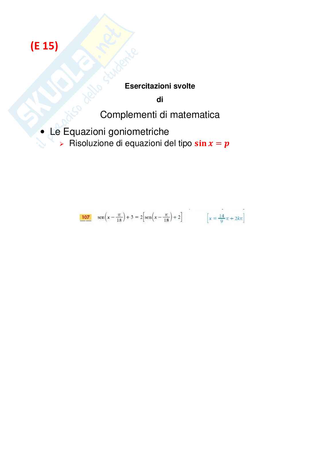 Equazioni goniometriche elementari del tipo sen(x)=p N15 Pag. 1