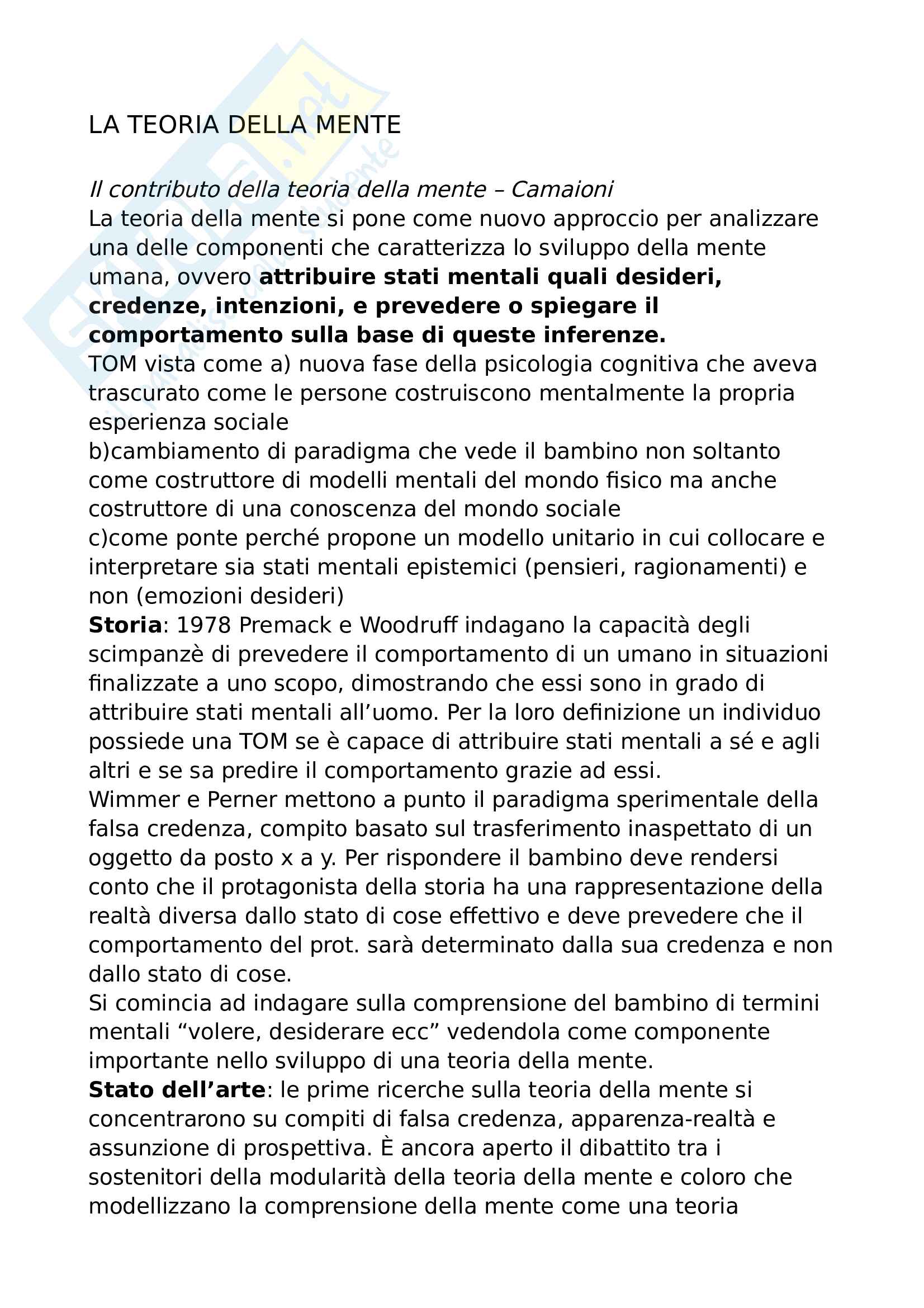 Riassunto esame Psicologia Generale, prof Bosco, libro consigliato La Teoria Della Mente, Camaioni Pag. 1