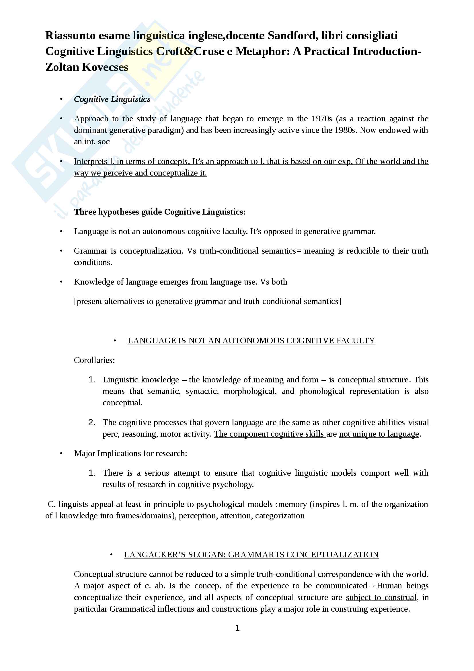 Riassunto esame linguistica inglese,docente Sandford, libri consigliati Cognitive Linguistics Croft, Cruse e Metaphor: A Practical Introduction, Zoltan Kovecses Pag. 1