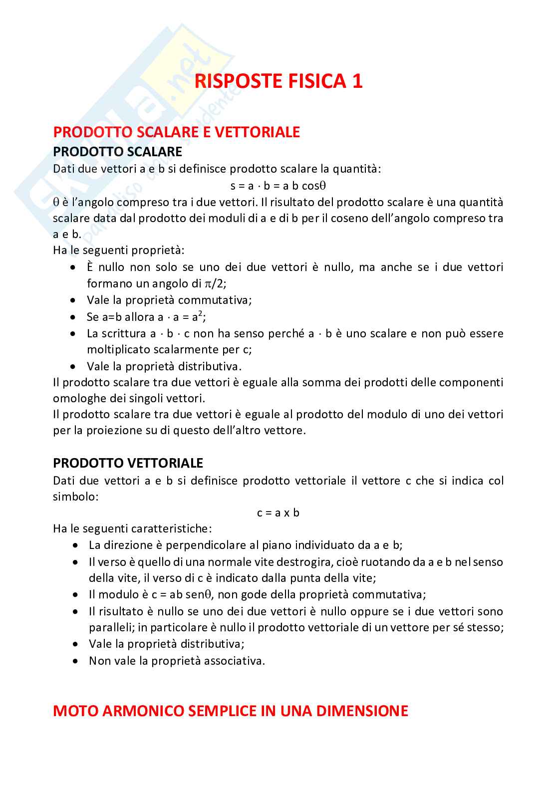 Domande e Risposte di Fisica I – Calcolo vettoriale, dinamica e conservazione dell'Energia Pag. 1