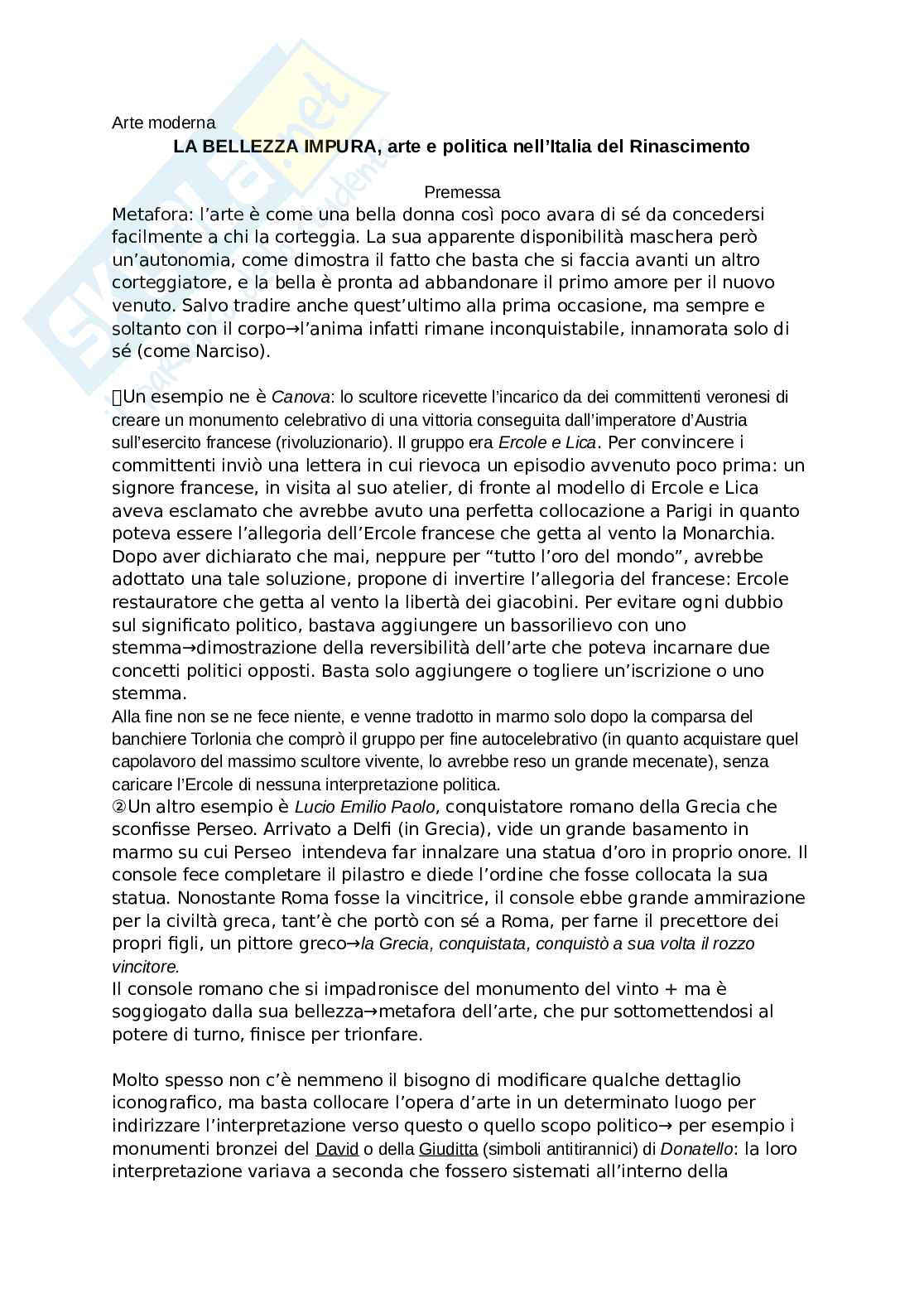 Riassunto esame Storia dell'arte moderna, Prof. Cavicchioli Sonia, libro consigliato La bellezza impura: arte e politica nell'Italia del Rinascimento, Pinelli Pag. 1