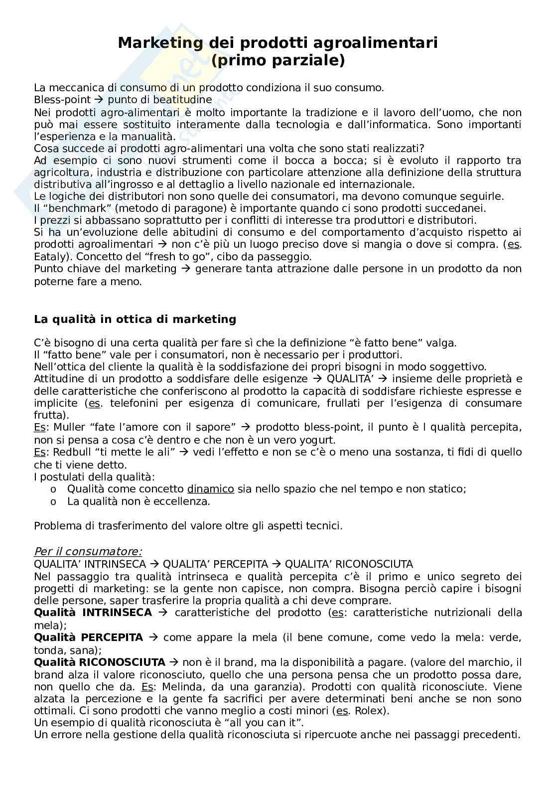 Marketing dei prodotti agroalimentari - Primo parziale Pag. 1