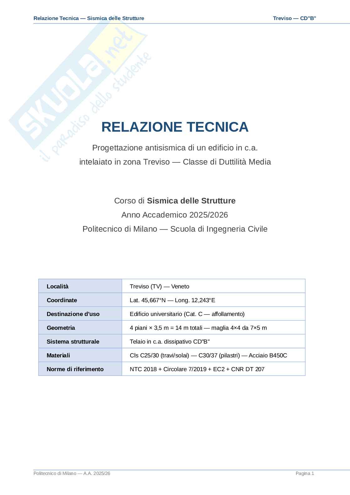 Esercitazione progetto Costruzioni in zona sismica  Pag. 1