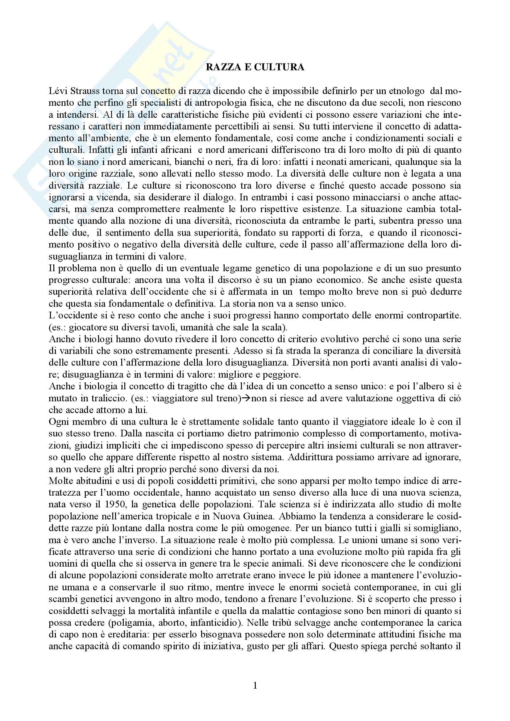 Antropologia – Razza e cultura Pag. 1