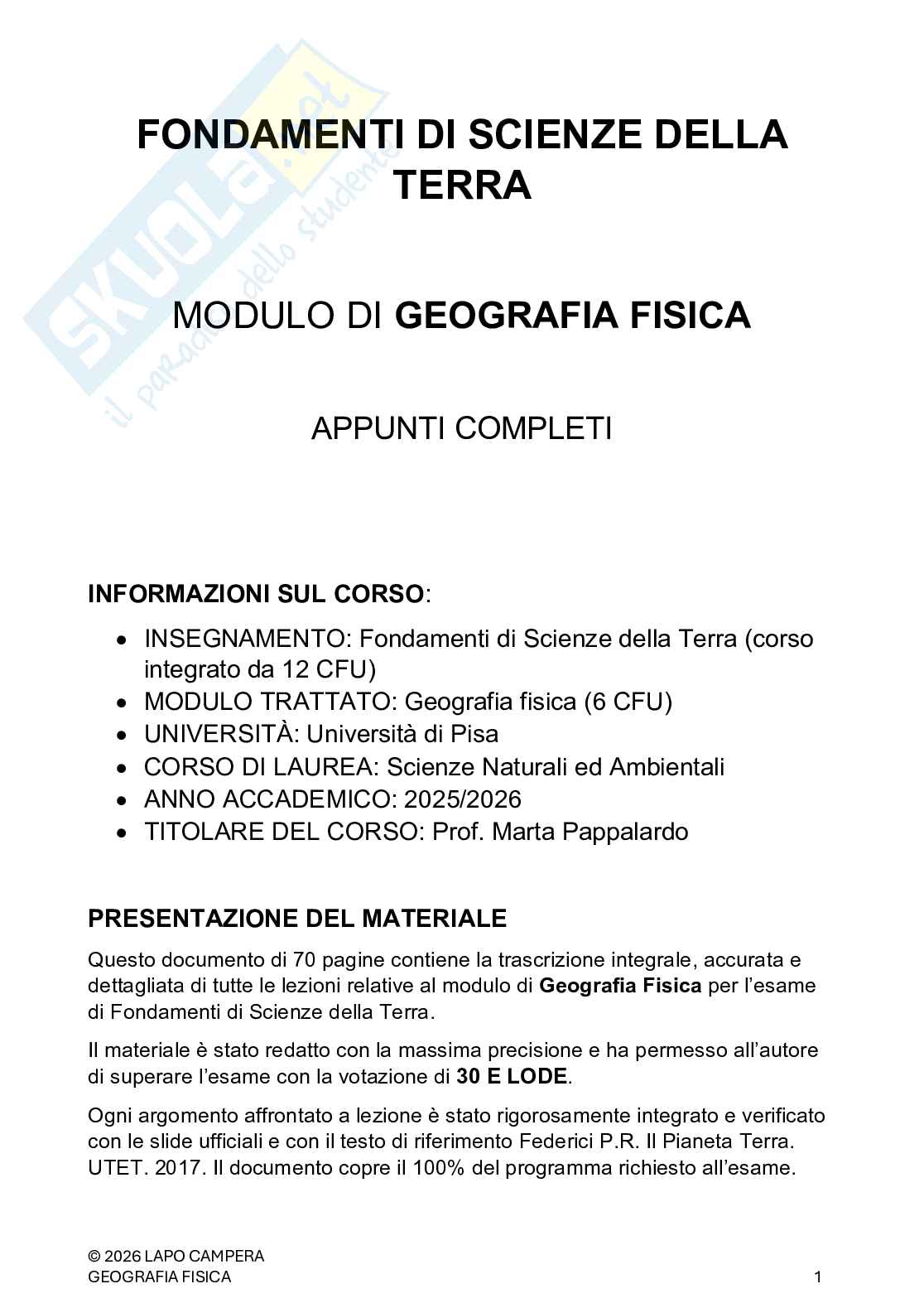 Geografia fisica, appunti completi. Esame di Fondamenti di scienze della terra  Pag. 1