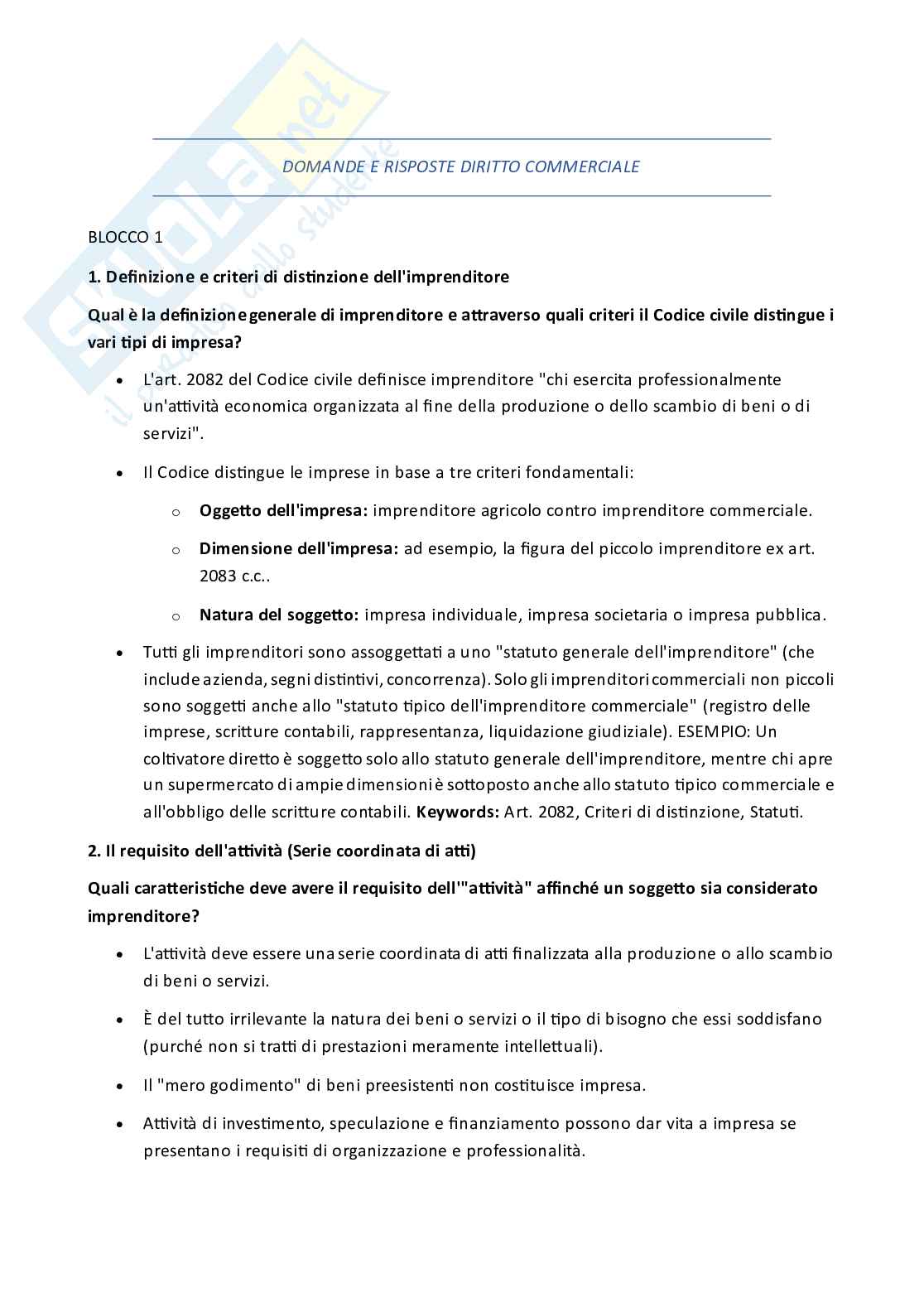 Appunti parziali e domande di Diritto commerciale  Pag. 1