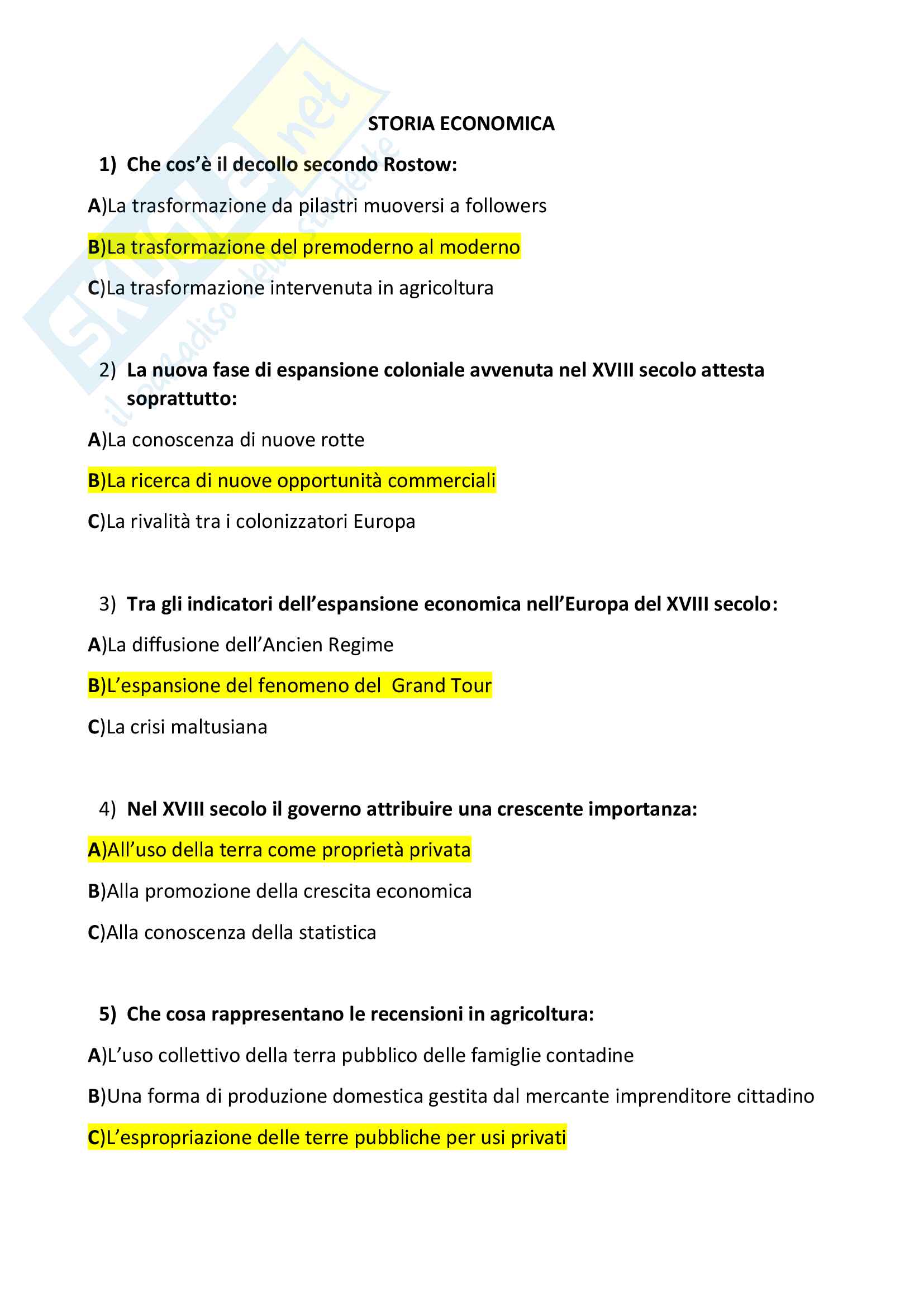 Domande generali: Appunti di storia economica