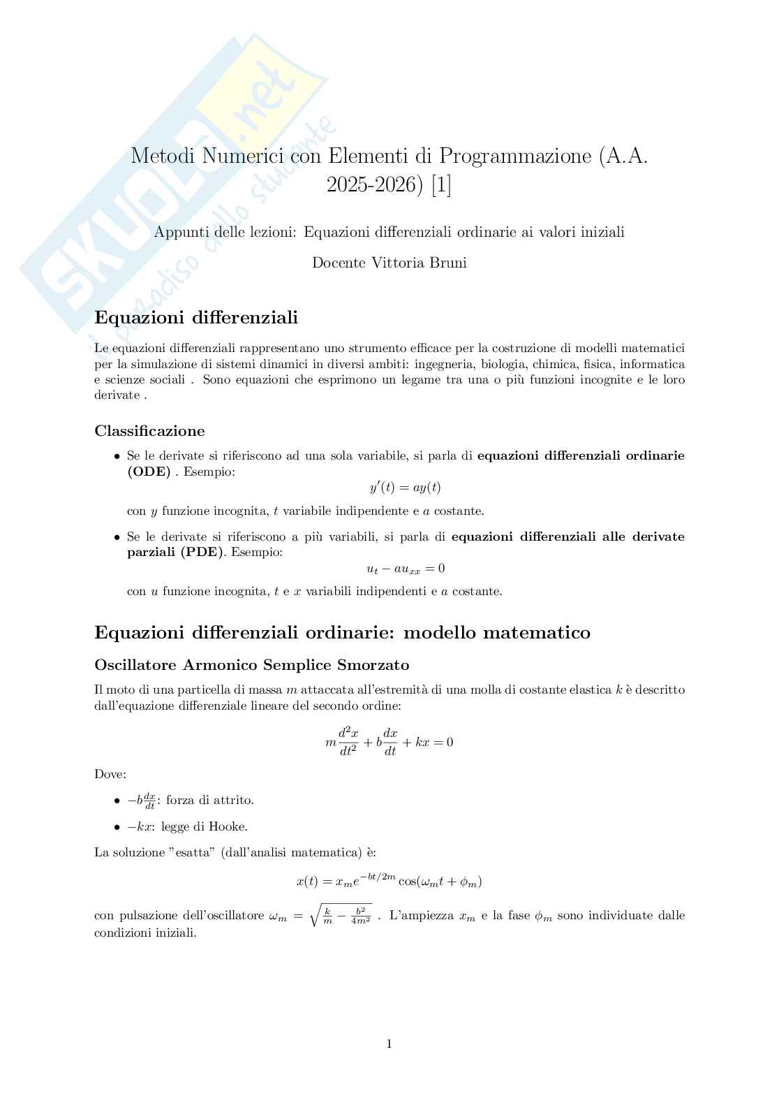 Equazioni differenziali ordinarie Pag. 1