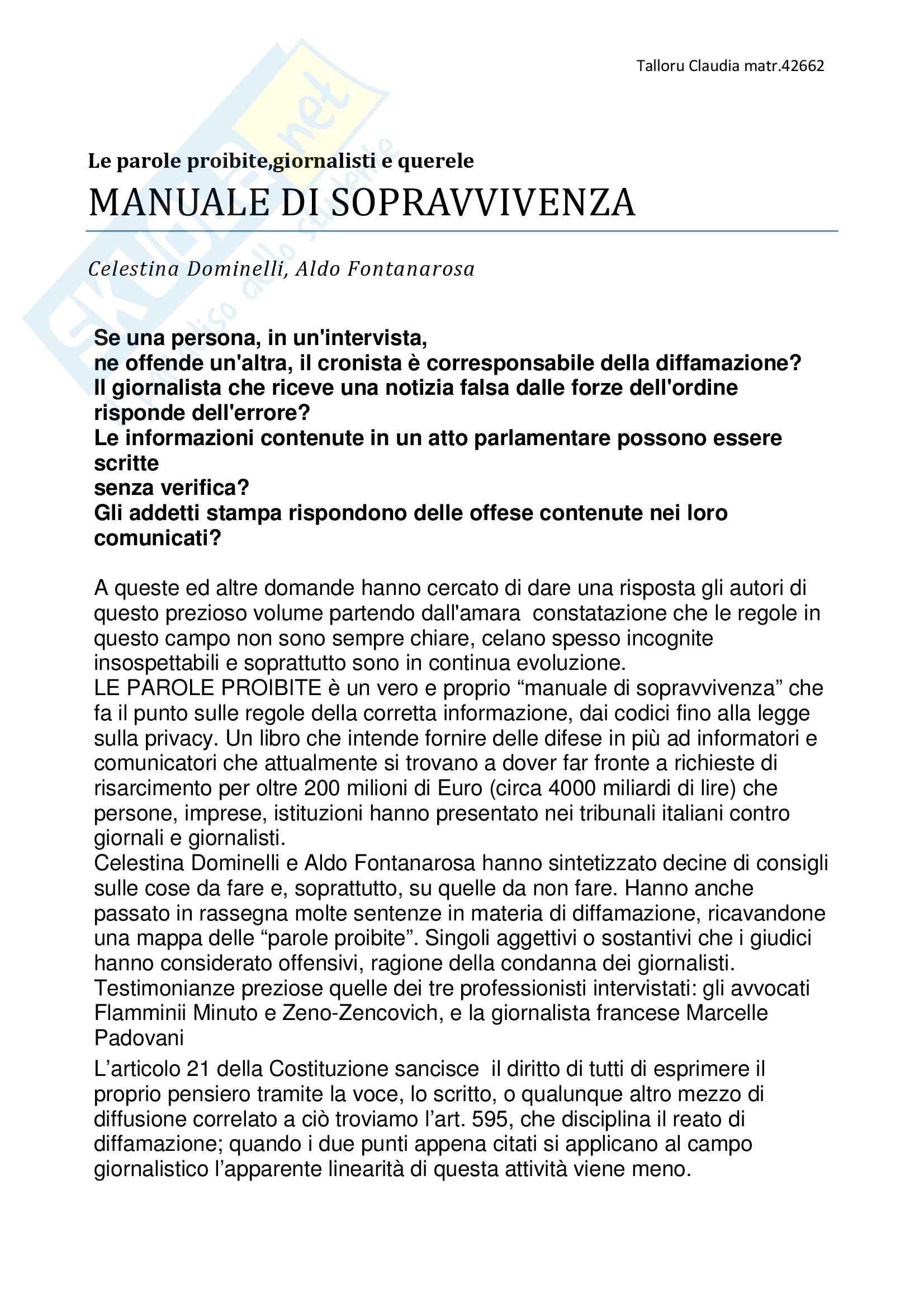 Le parole proibite, Dominelli, Fontanarosa - Appunti Pag. 1