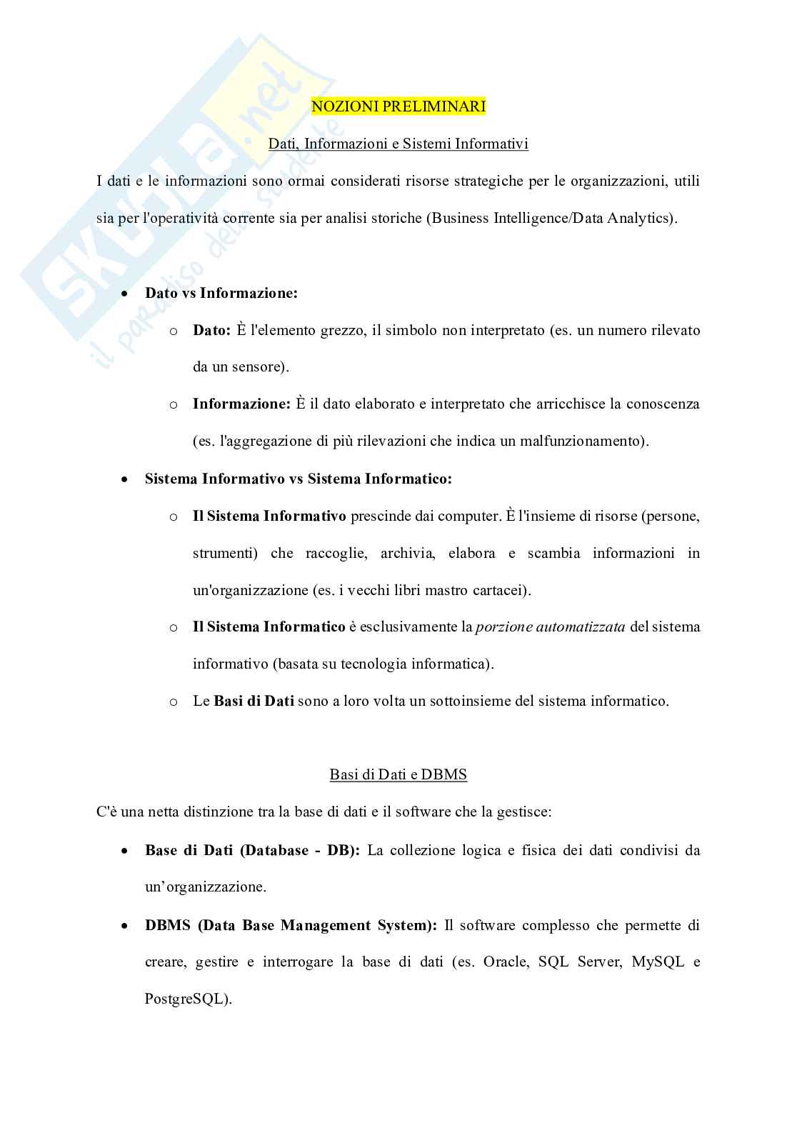 Appunti Basi di dati + Esercizi svolti (SQL, Algebra, E-R) Pag. 1