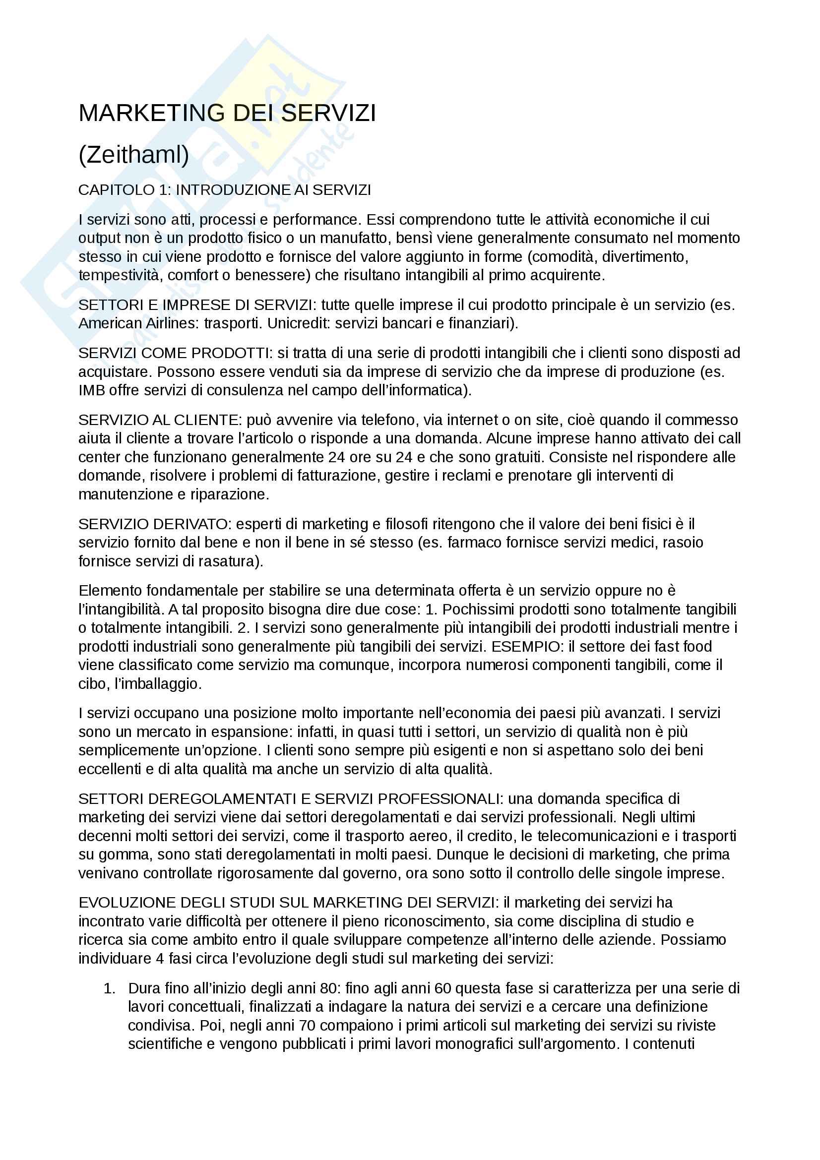 Riassunto esame di marketing, prof. Giovanni Covassi, libro consigliato "Marketing dei servizi", 2012, V.Zeithaml, M.J.Bitner Pag. 1