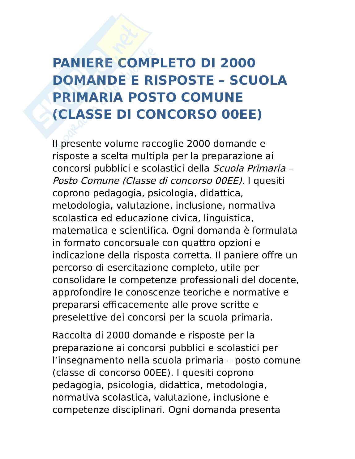 Paniere 2000 domande concorso pubblico scuola primaria posto comune 00ee Pag. 1