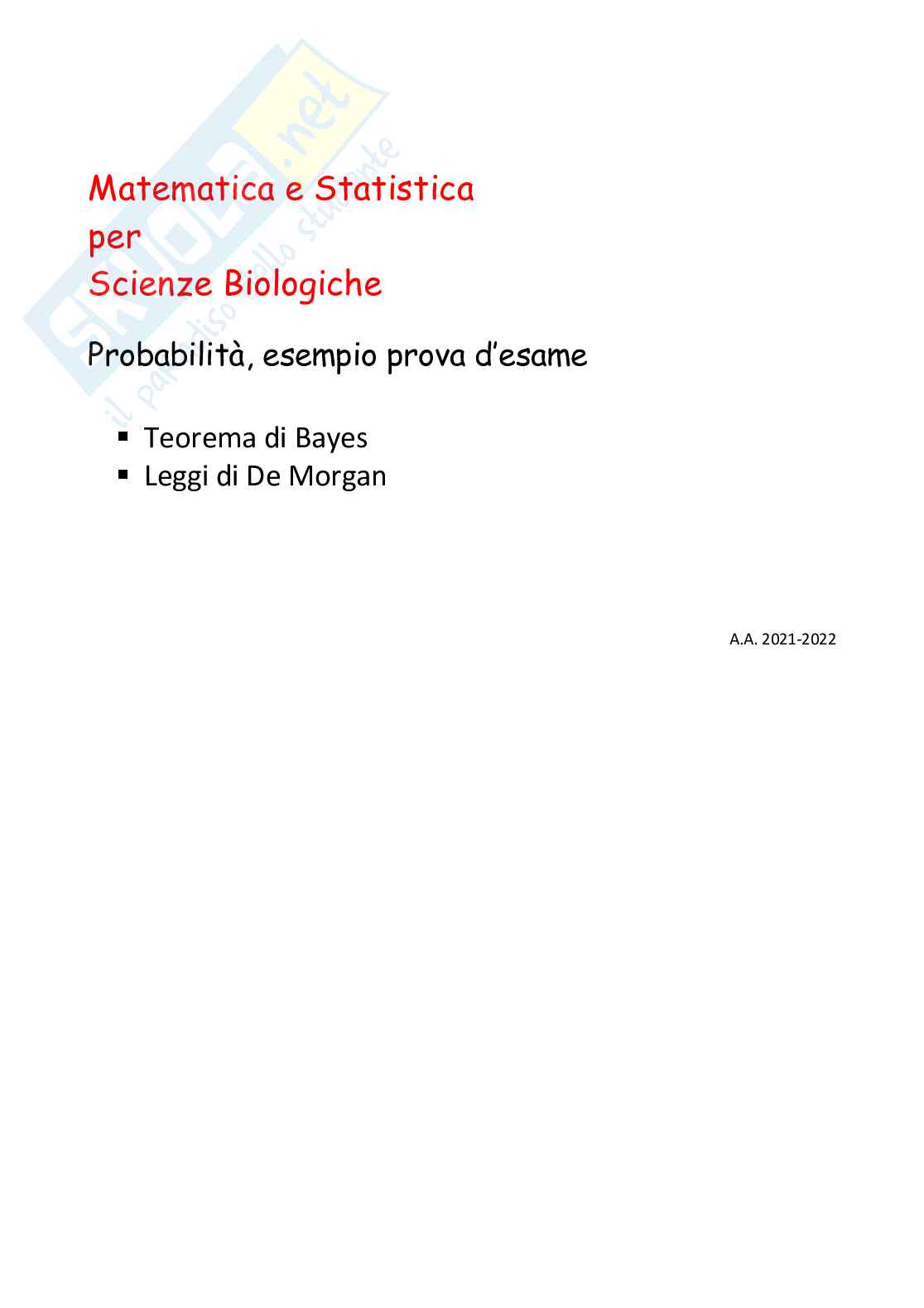 Probabilità teorema di Bayes, leggi di De Morgan - esercizi svolti