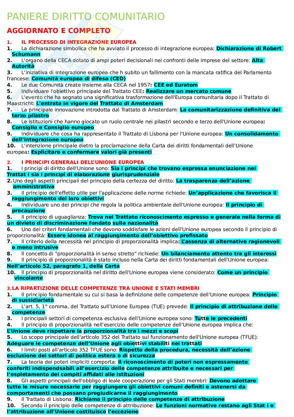 Domande e risposte Diritto comunitario, aggiornato e completo. In ordine Pag. 1