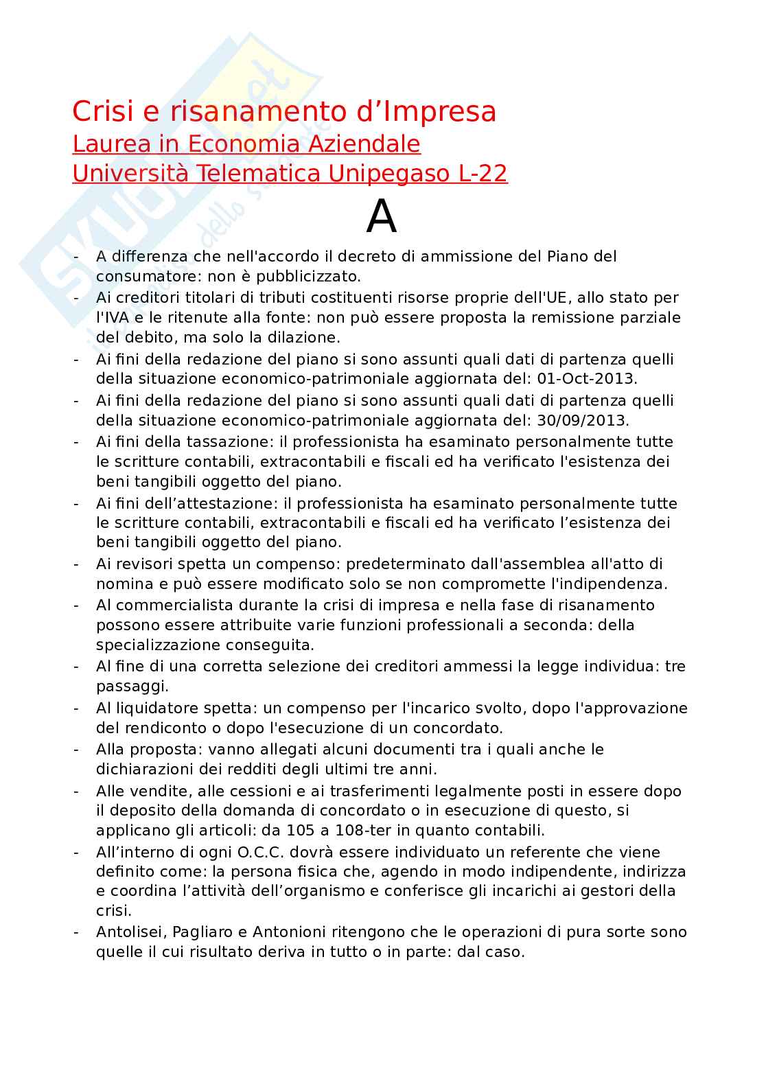 Paniere esame Crisi e risanamento d'impresa Pag. 1