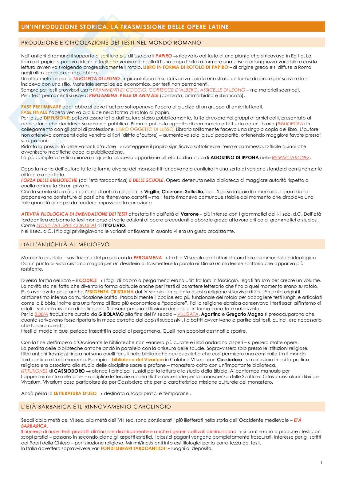 Riassunto esame Storia e trasmissione dei testi, Prof. Mattaloni Valeria, libro consigliato La trasmissione dei testi latini, Paolo Chiesa Pag. 1