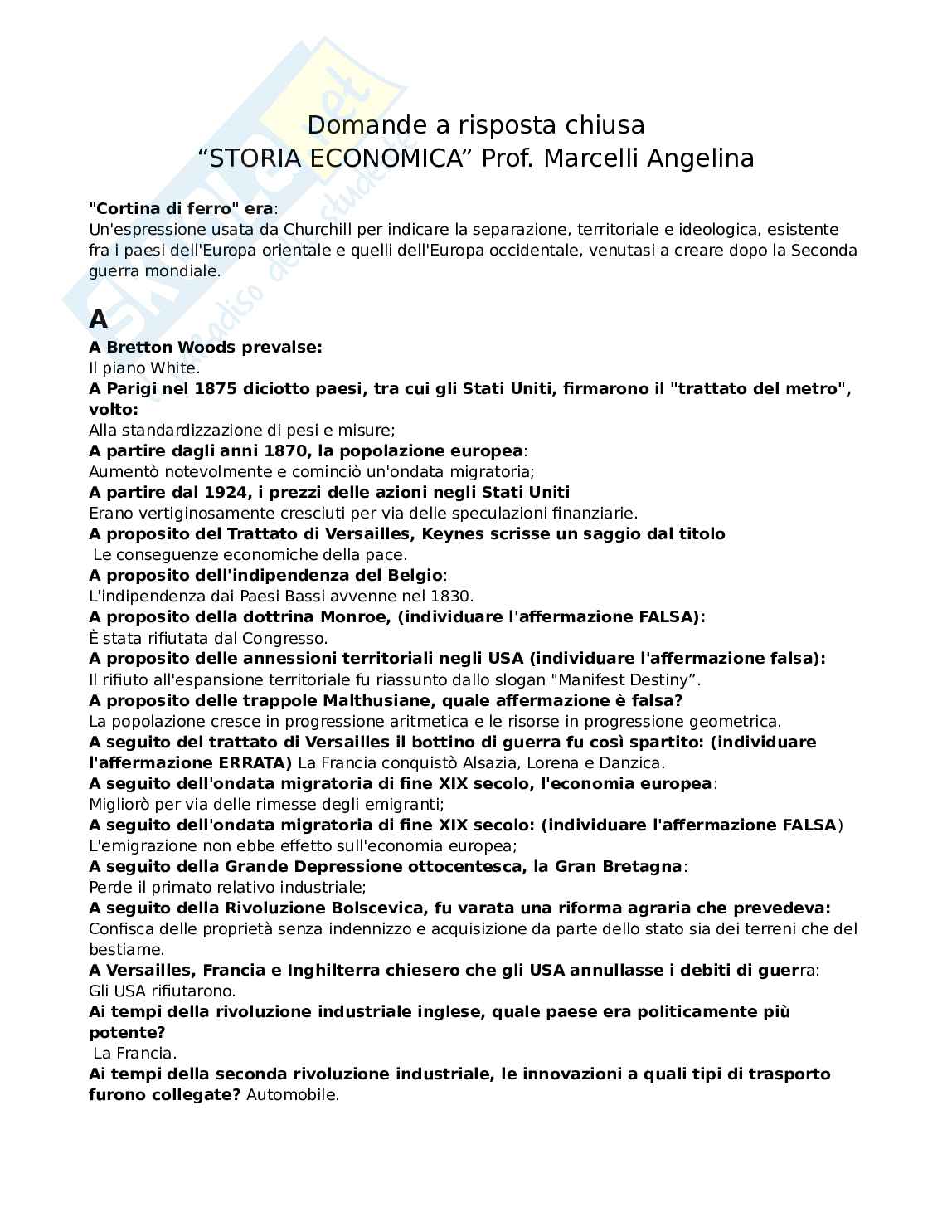 Paniere a risposta multipla in ordine alfabetico Storia economica Pag. 1