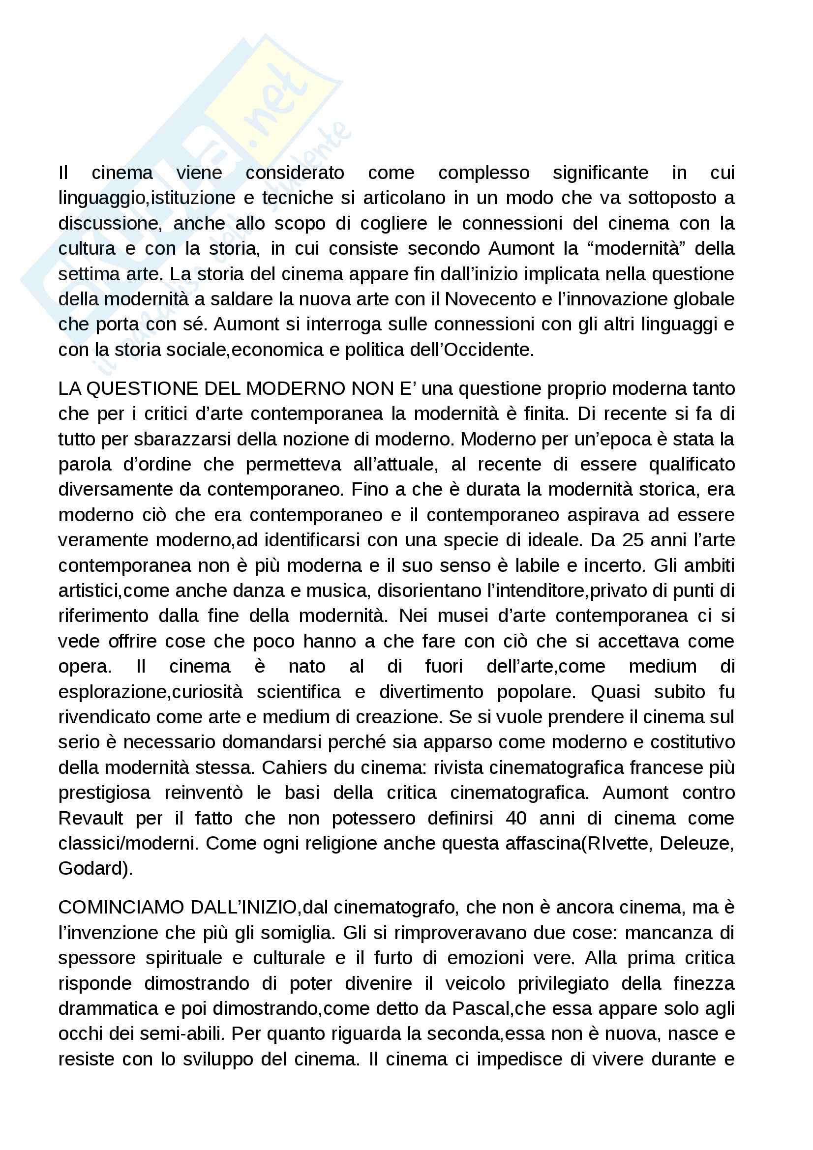 Riassunto esame Cinema, prof. Cervini, libro consigliato Moderno, Come il cinema diventato la più singolare delle arti, Aumont Pag. 1