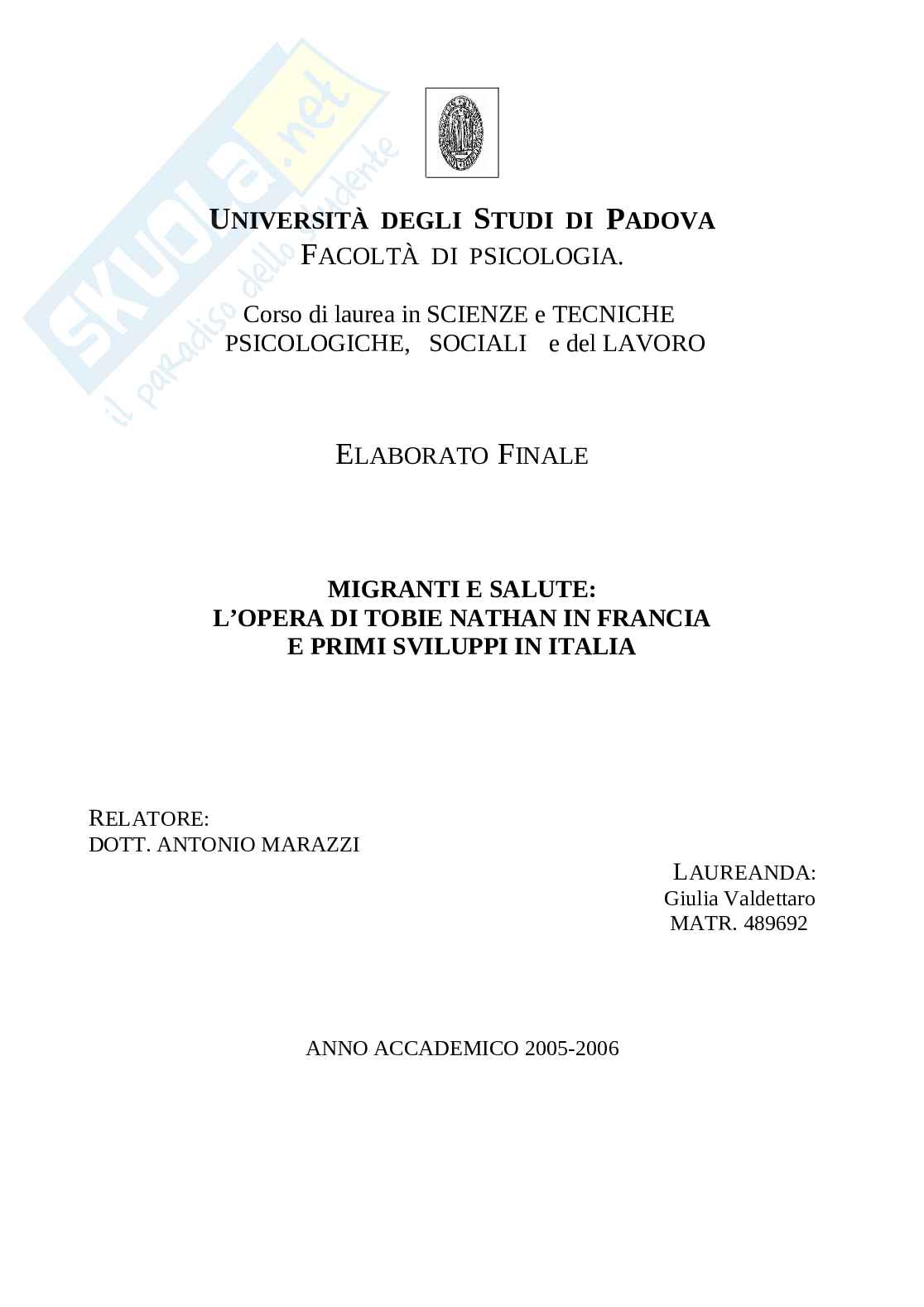 Migranti e salute: l’opera di Tobie Nathan in Francia e primi sviluppi in Italia Pag. 1