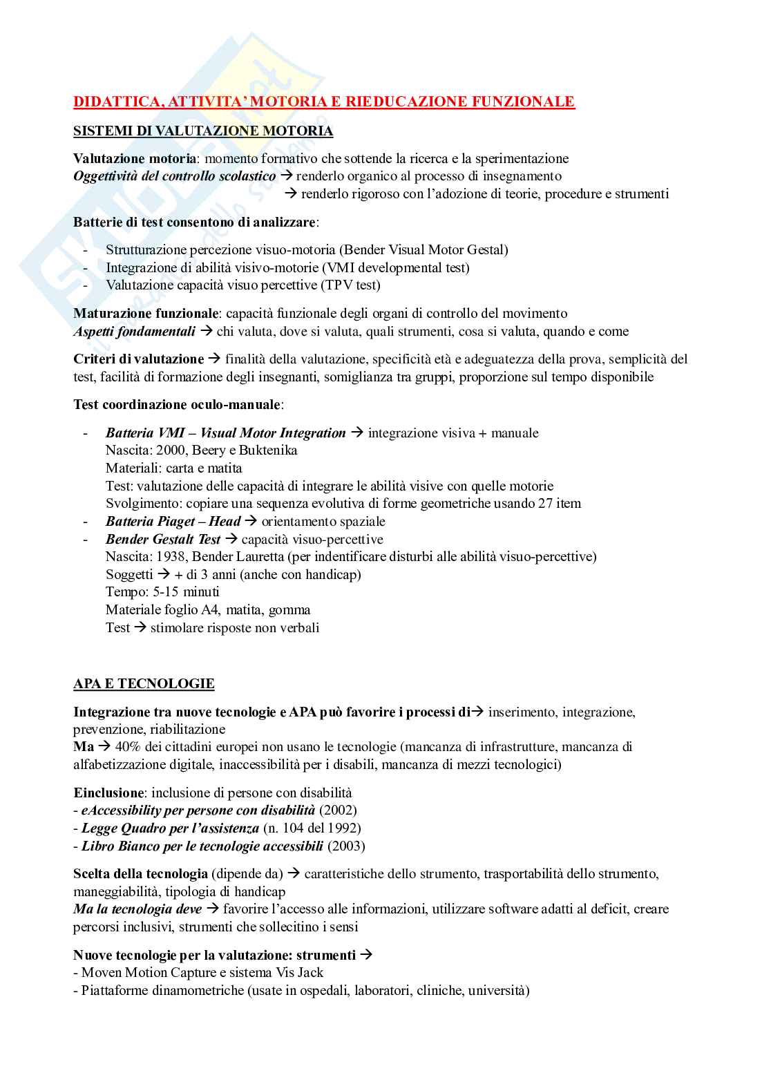Didattica, attività motoria e rieducazione funzionale - Appunti Word Pag. 1
