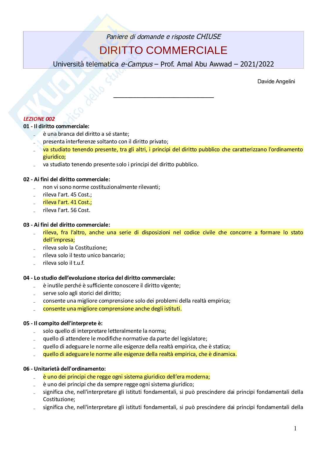 Paniere domande e risposte chiuse Diritto commerciale - 2022 Pag. 1