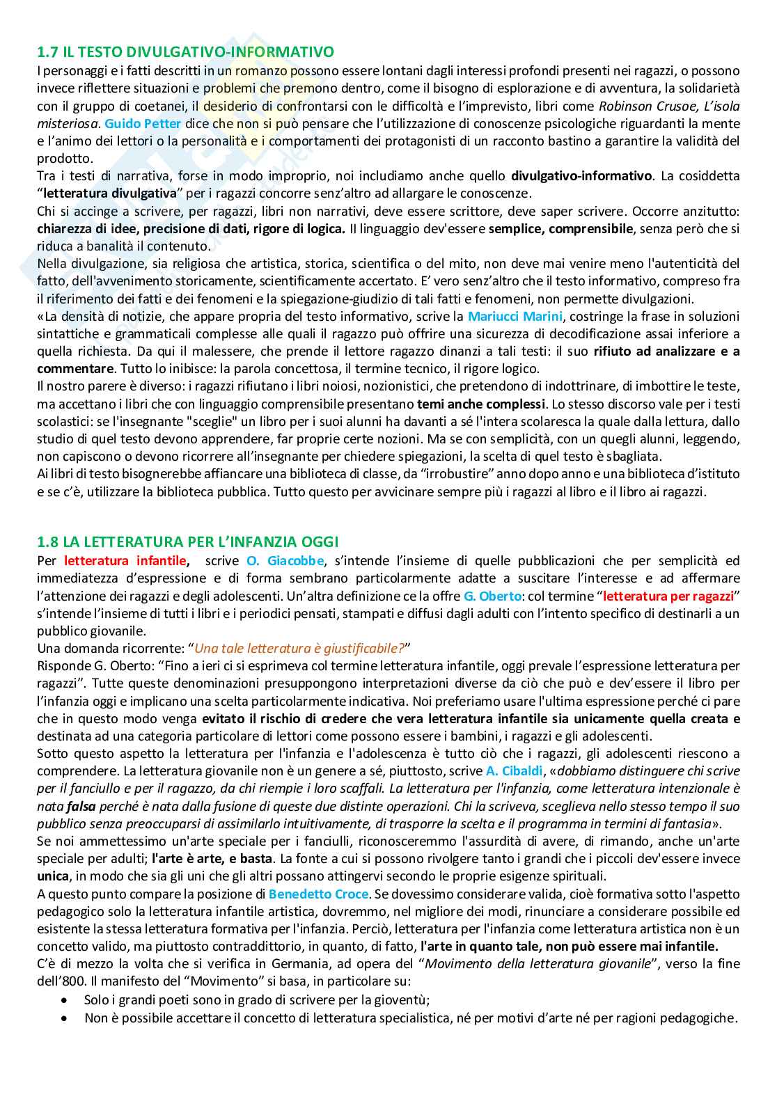 Riassunto esame Letteratura per l'infanzia, prof Marini, libro consigliato Per una pedagogia della lettura, Marini Pag. 6