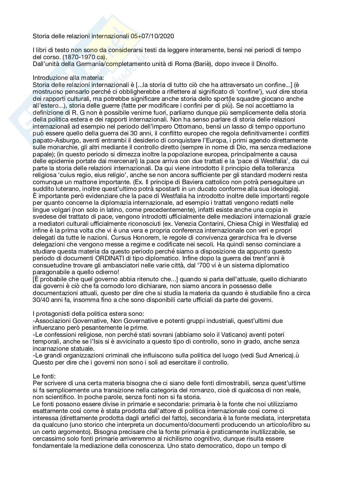 Appunti riassuntivi del corso di storia delle relazioni internazionali (proff. Georg Meyr e Giulia Caccamo) Pag. 1