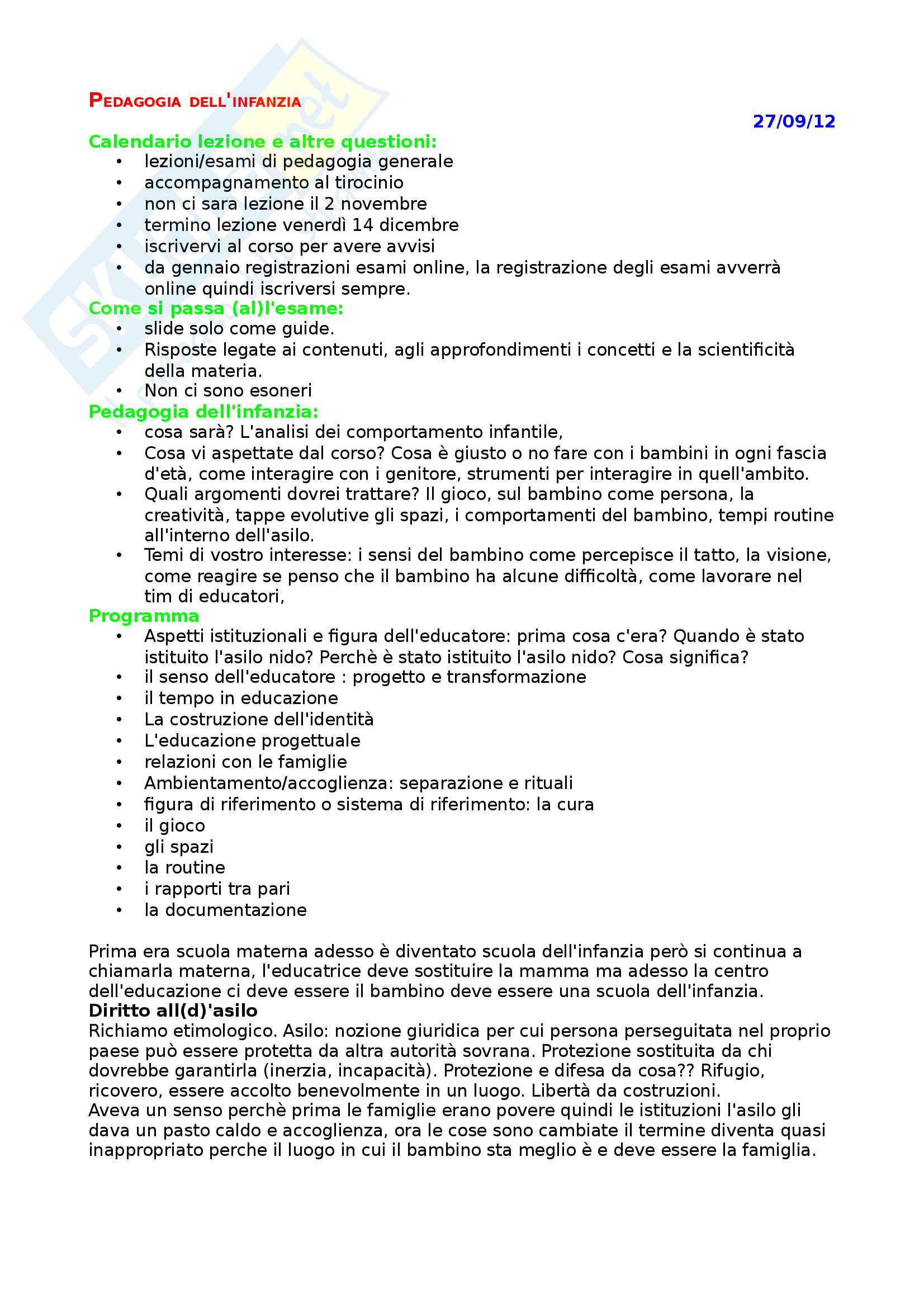 Elementi utili per esame Pedagogia dell'infanzia, presi a lezione, prof Zonza Pag. 1