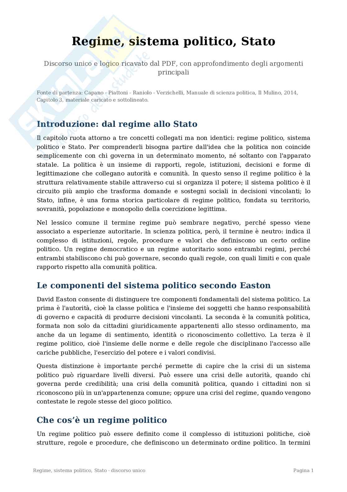 Riassunto esame Scienza della politica, Prof. Di Mele Luciano, libro consigliato Manuale di scienza politica, Capano, Piattoni, Raniolo, Verzichelli Pag. 1