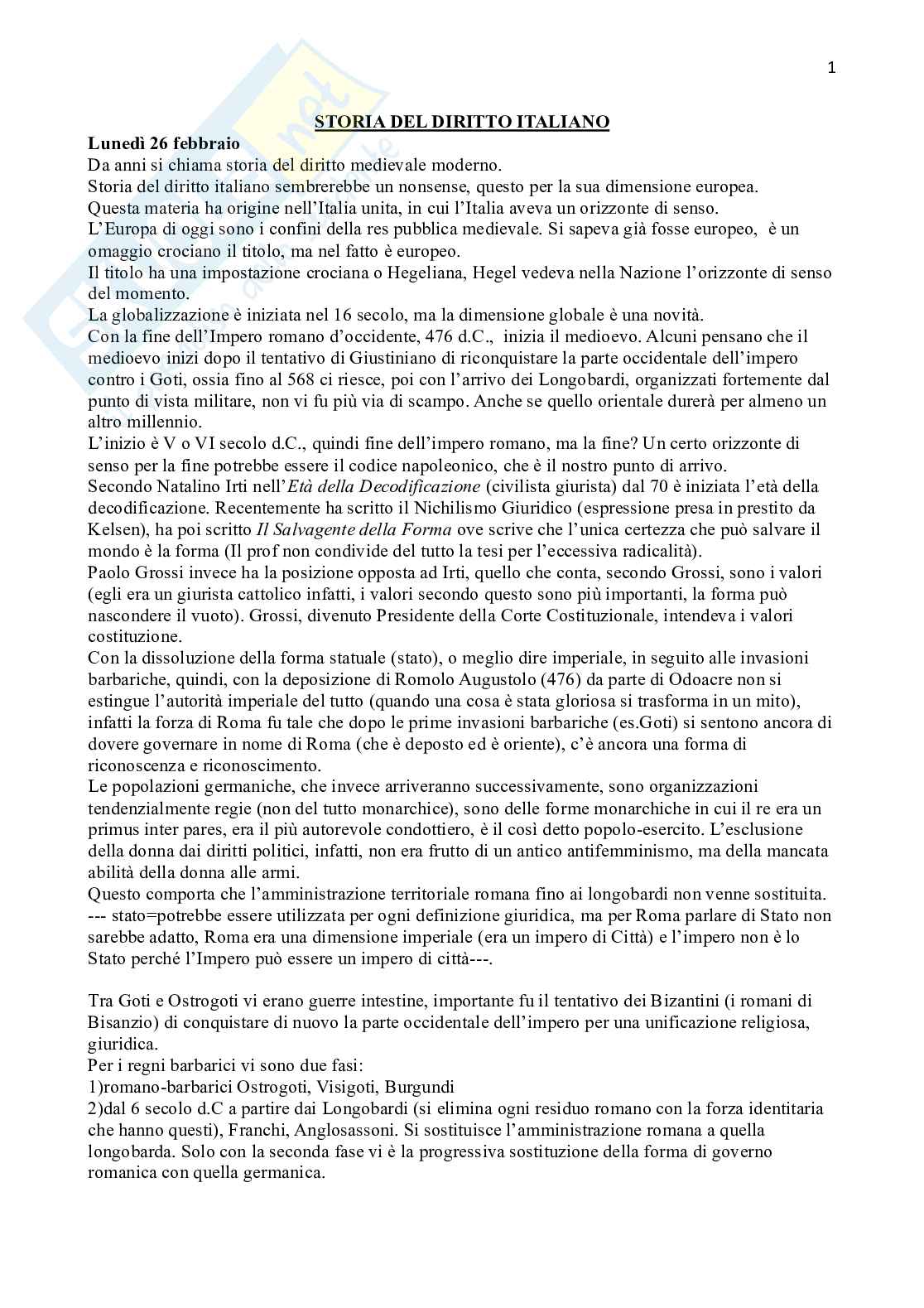 Riassunto esame Storia del diritto italiano , Prof. Fioravanti Marco, libro consigliato Lezioni di Storia del diritto italiano I, Fioravanti Pag. 1
