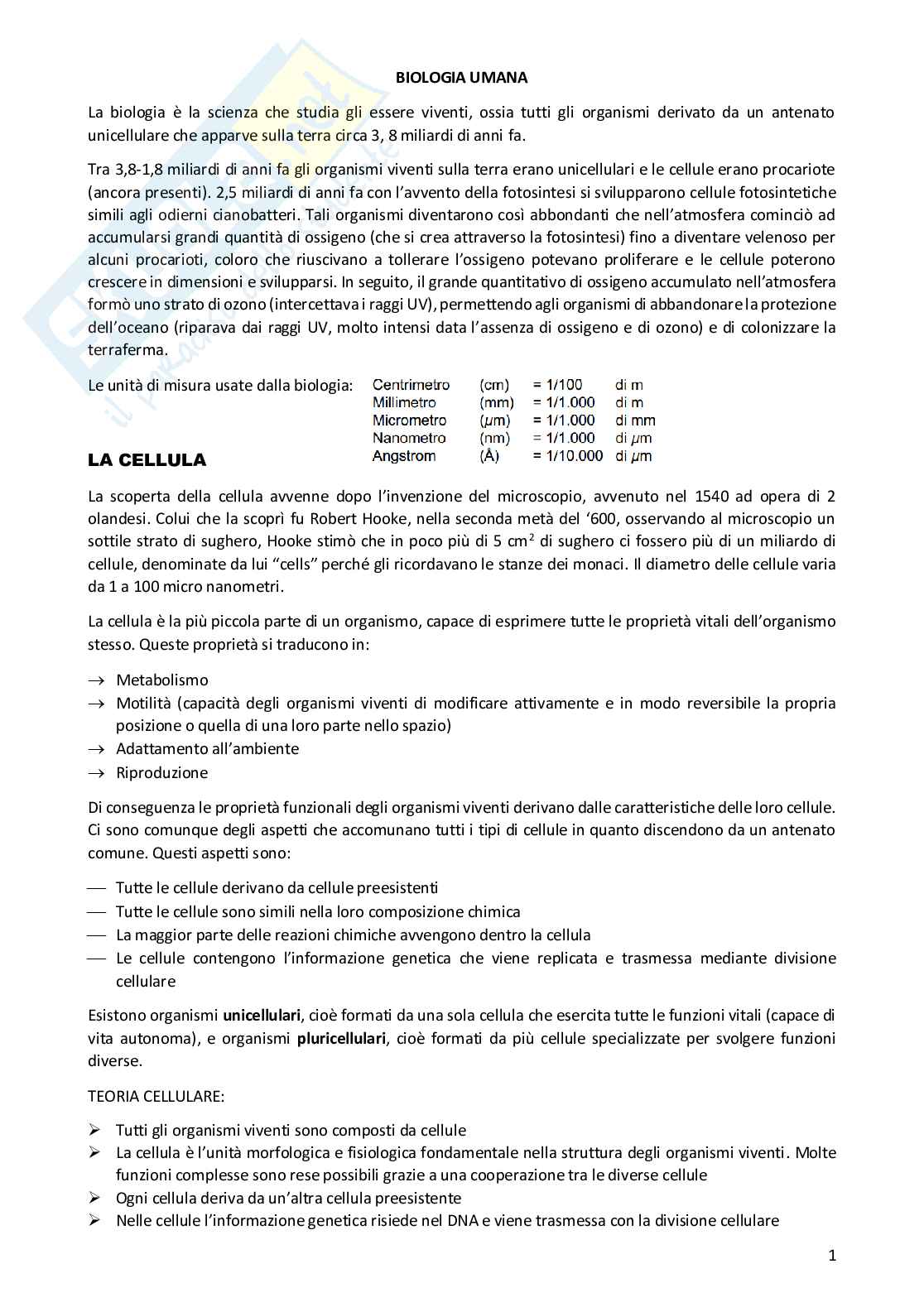 Appunti completi di Biologia umana Pag. 1