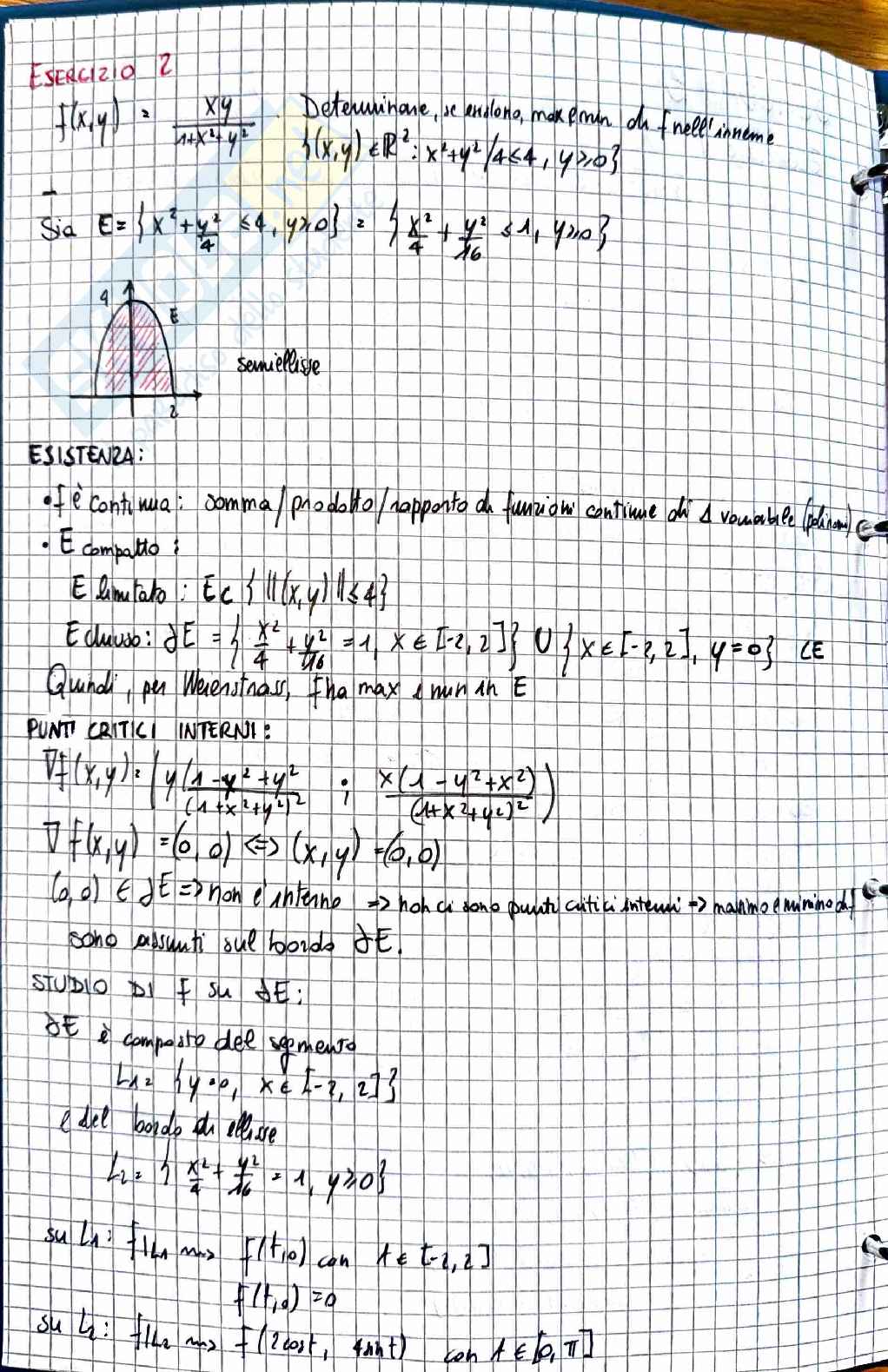 Analisi matematica 2: esercizi svolti di ottimizzazione su insiemi compatti (Weierstrass) Pag. 1
