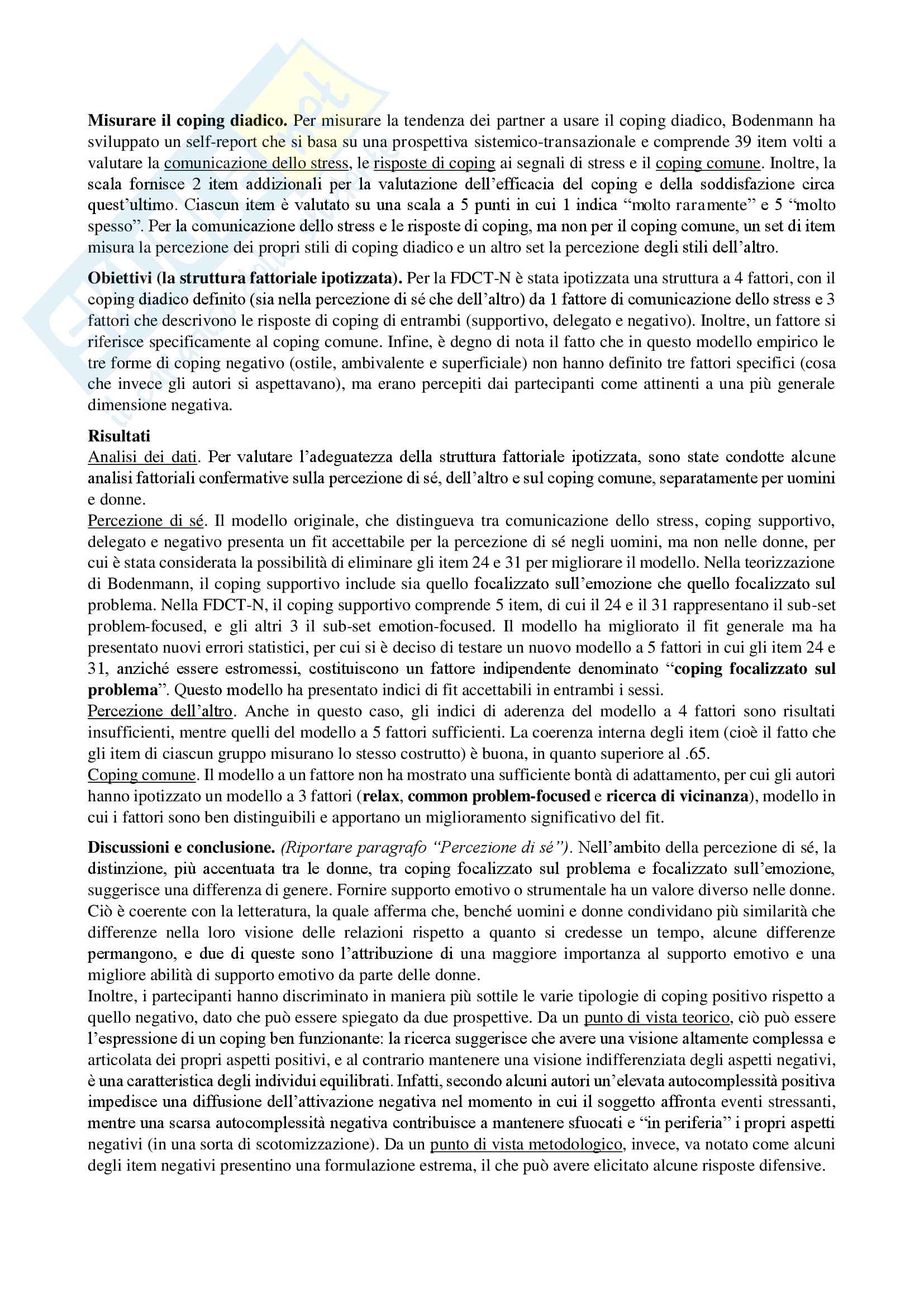 Sunto del corso Normalità e patologia nelle relazioni familiari, docente Carli, articoli sul coping diadico (autori vari) Pag. 6